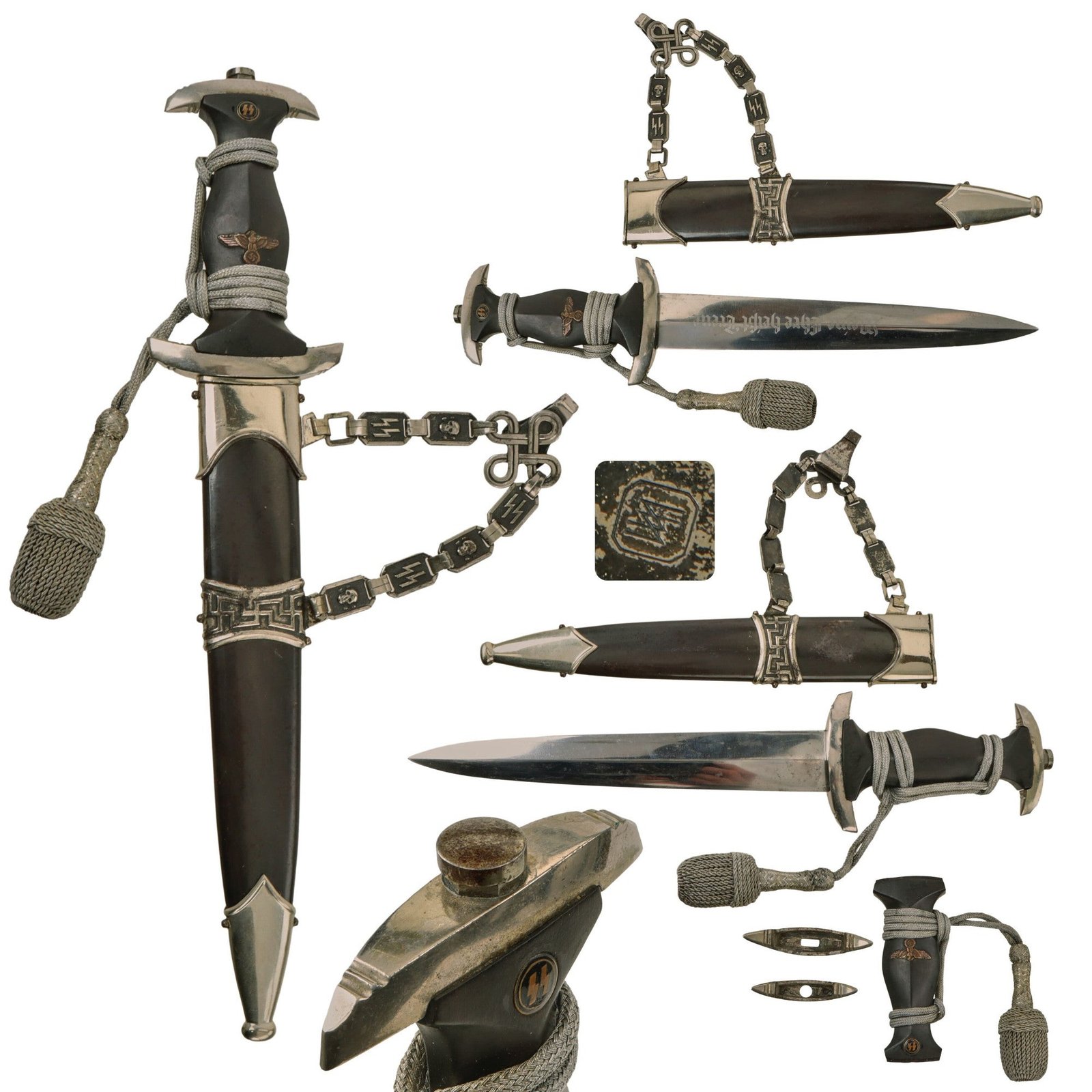 Original Rare German WWII Model 1936 Officer's Chained SS Dagger with Type II Chain, Scabbard, and Portepee