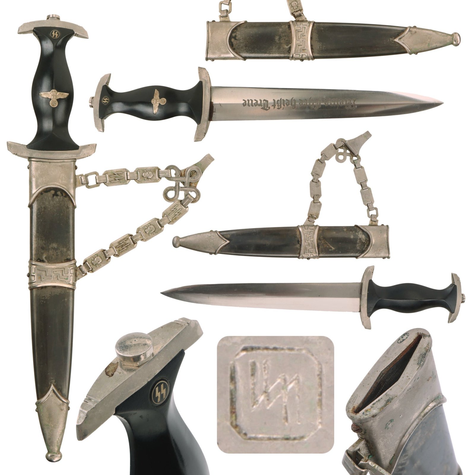 Original German WWII Rare Model 1936 Officer's Chained SS Dagger with Type I Chain & Scabbard