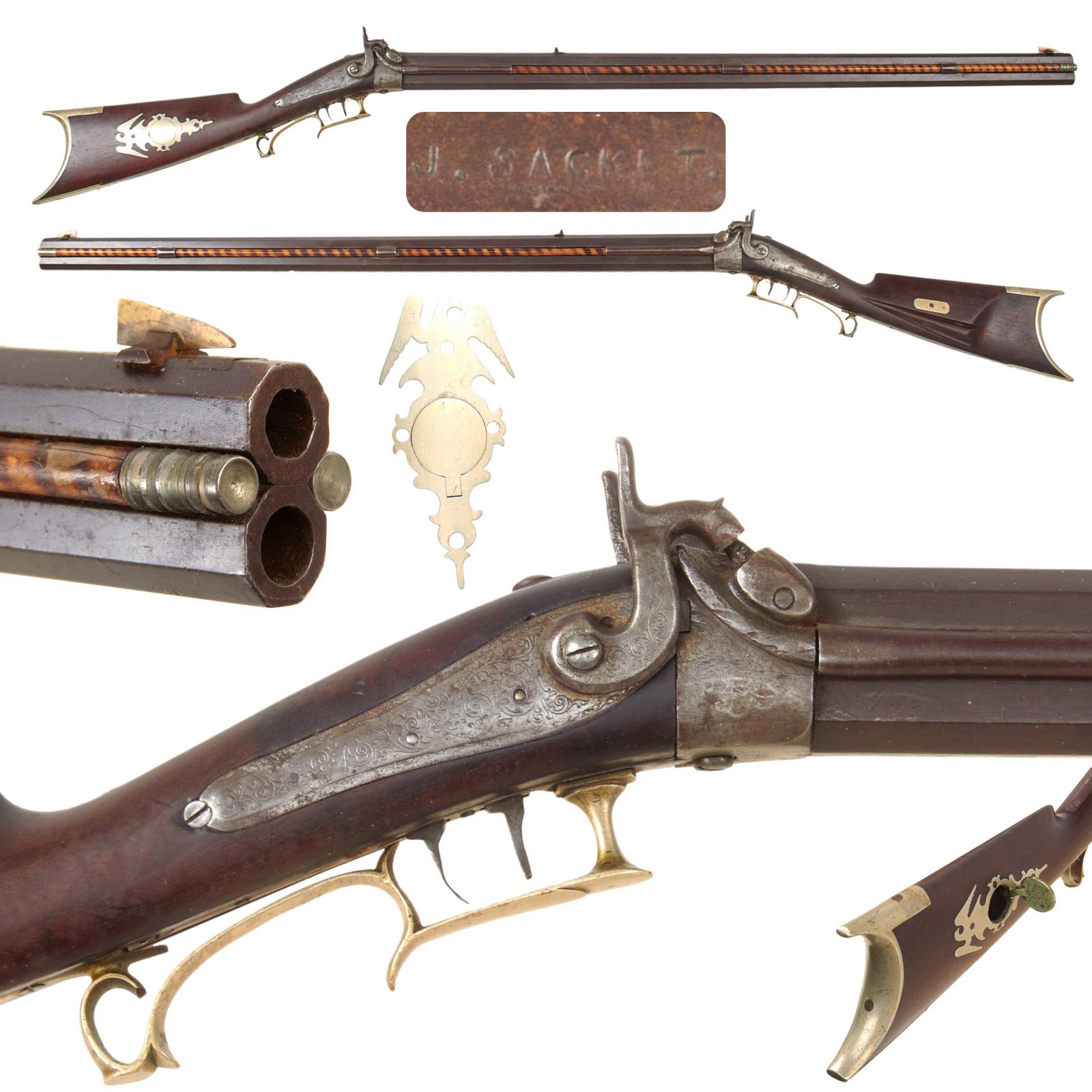 Original U.S. Percussion Over & Under Combination .42cal. Hunting Rifle & 36 Bore Fowler with Set Trigger by Jacob T. Sacket of Saegertown PA