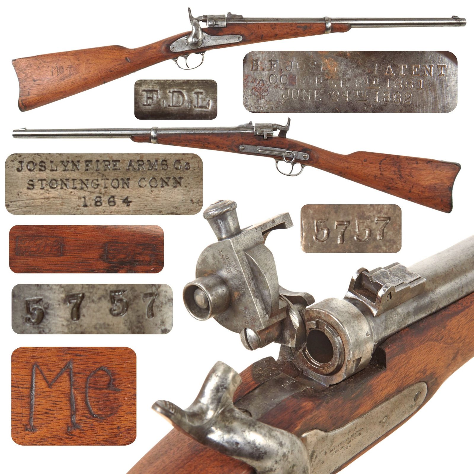 Original U.S. Civil War Joslyn Firearms Co. M1864 Saddle Ring Carbine Serial 5757 with Excellent Bore - dated 1864
