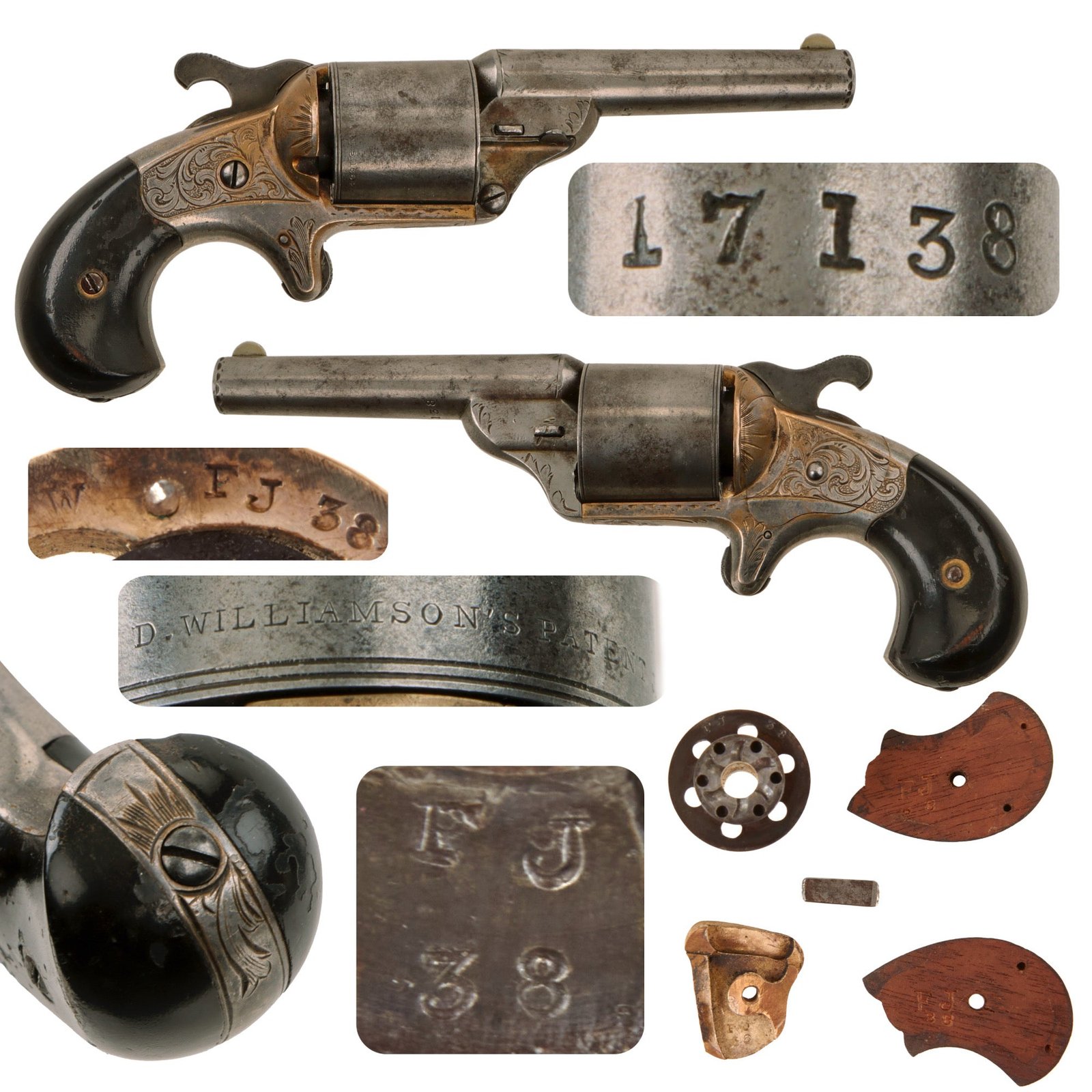 Original U.S. Civil War Era Moore's Patent Firearms Teat Fire .32 Cal Brass Frame Engraved Revolver - Matching Serial 17138