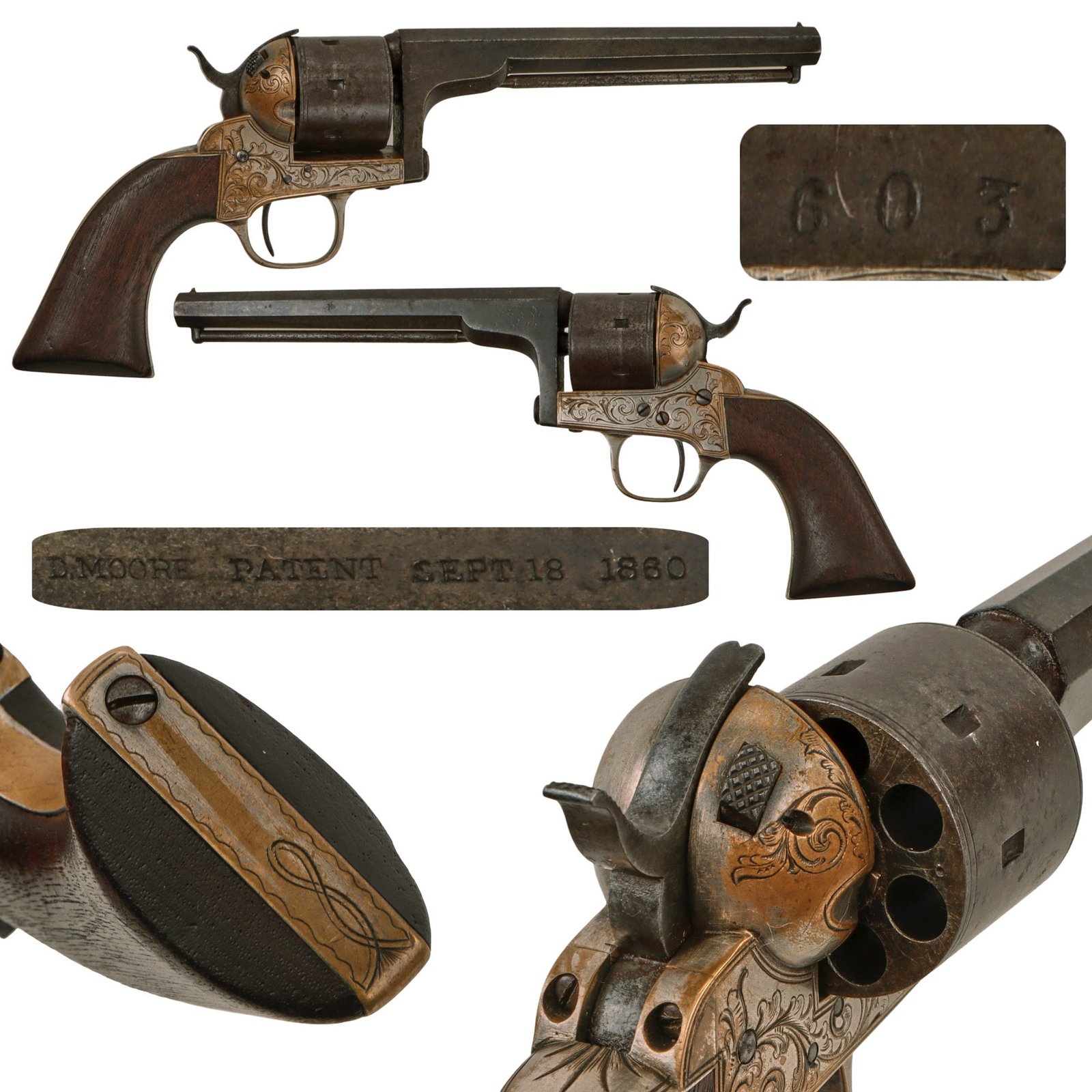 Original U.S. Civil War Moore 1860 Patent .32RF "Belt" Revolver Serial 603 with 6" Barrel - As used by Cole Younger during Northfield Bank Robbery