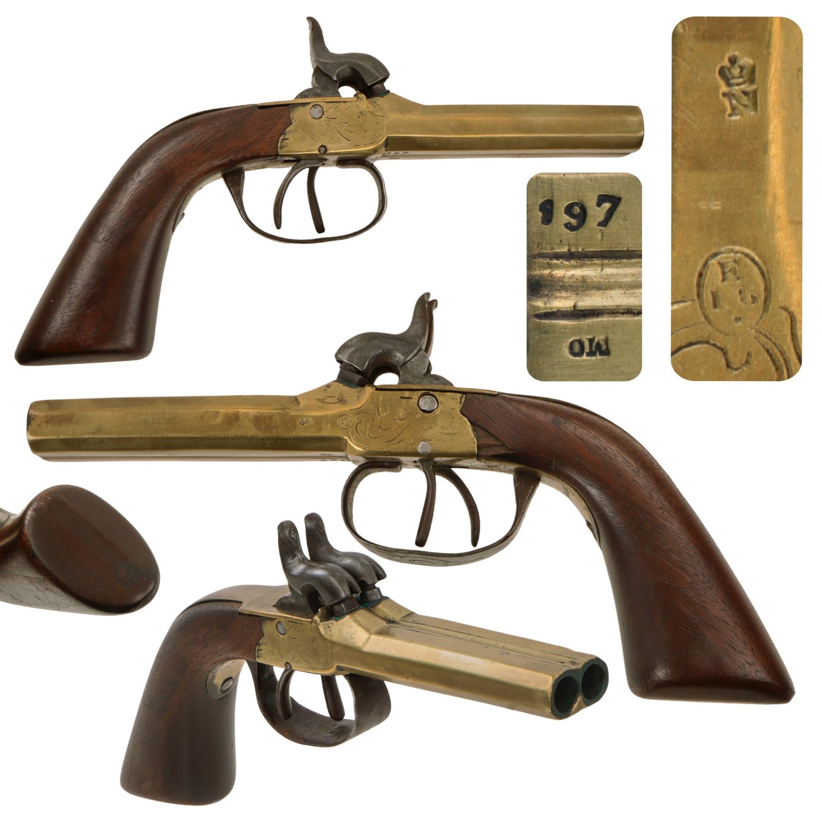 Original Victorian Era Belgian Double Barreled Brass Percussion Vest Pistol Serial 197 with Engraved Frame - Circa 1840