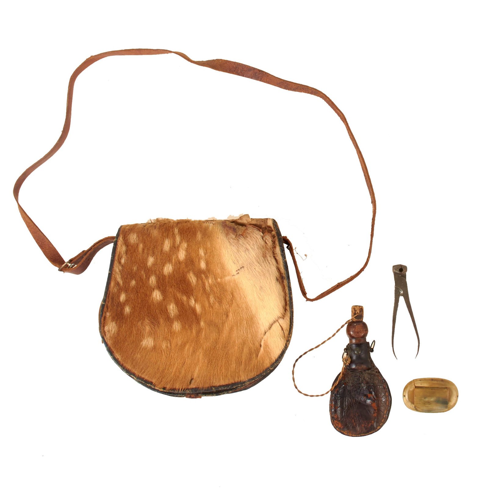 Original U.S. Early 19th Century Era Hunting Bag Set with Deer Hide Flap, Shot Pouch with Pennsylvania Dutch Design, and Early Horn Snuff Box