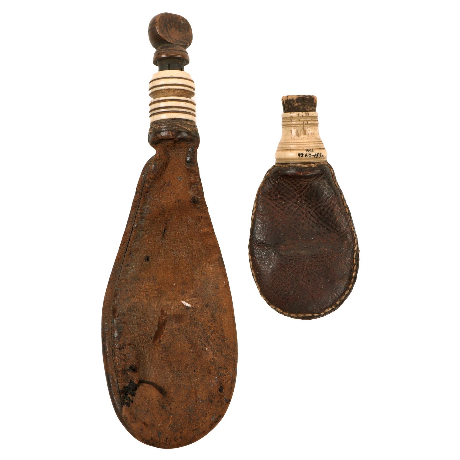 Original U.S. or British War of 1812 Era Shot Bags with Bone Spouts & Wooden Plugs - Lot of 2