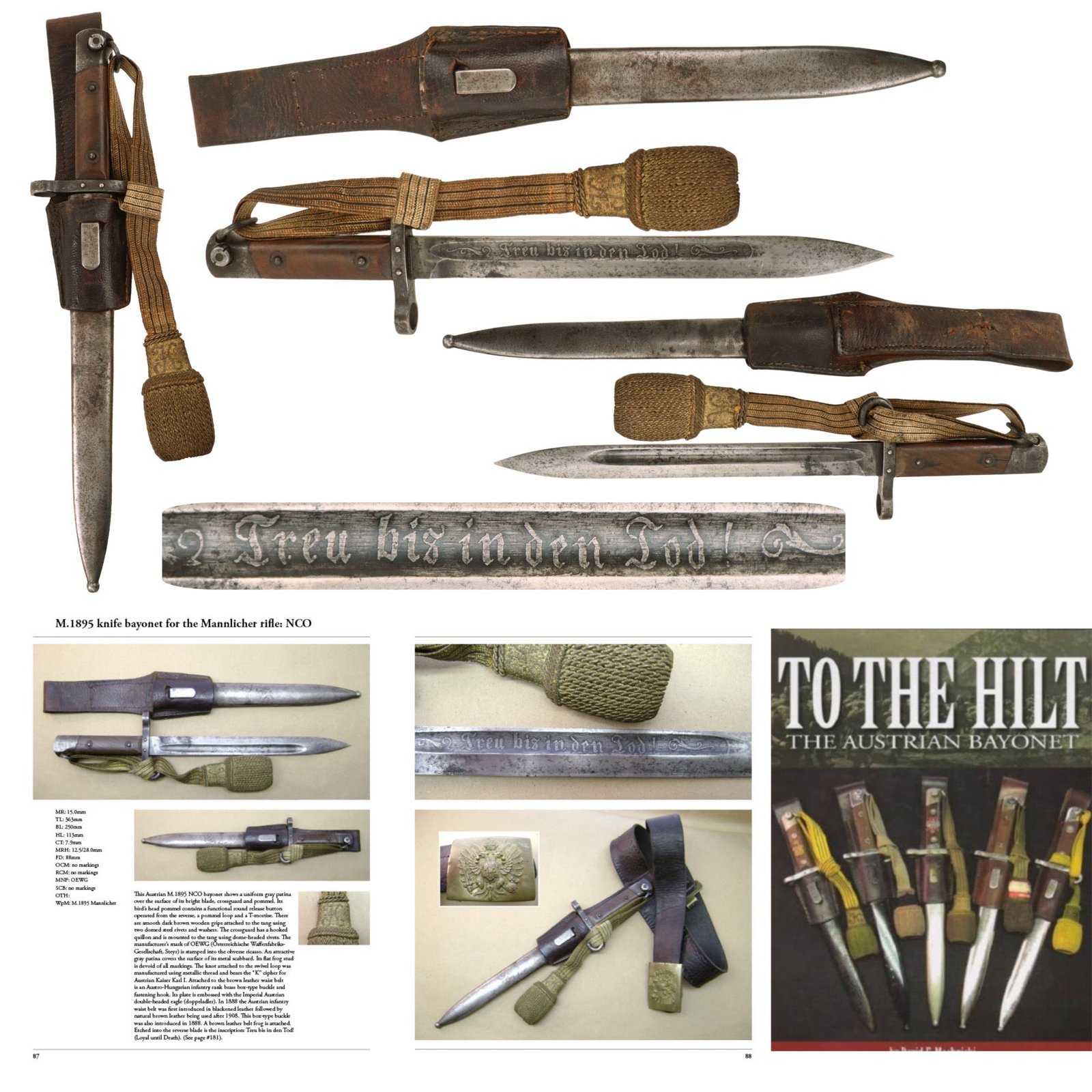 Original Austrian WWI Mannlicher M1895 NCO Bayonet by ŒWG Steyr with Hook Quillon, “Loyal Until Death” Etched Blade & Troddle Knot - Featured in To The Hilt The Austrian Bayonet by David F. Machnicki