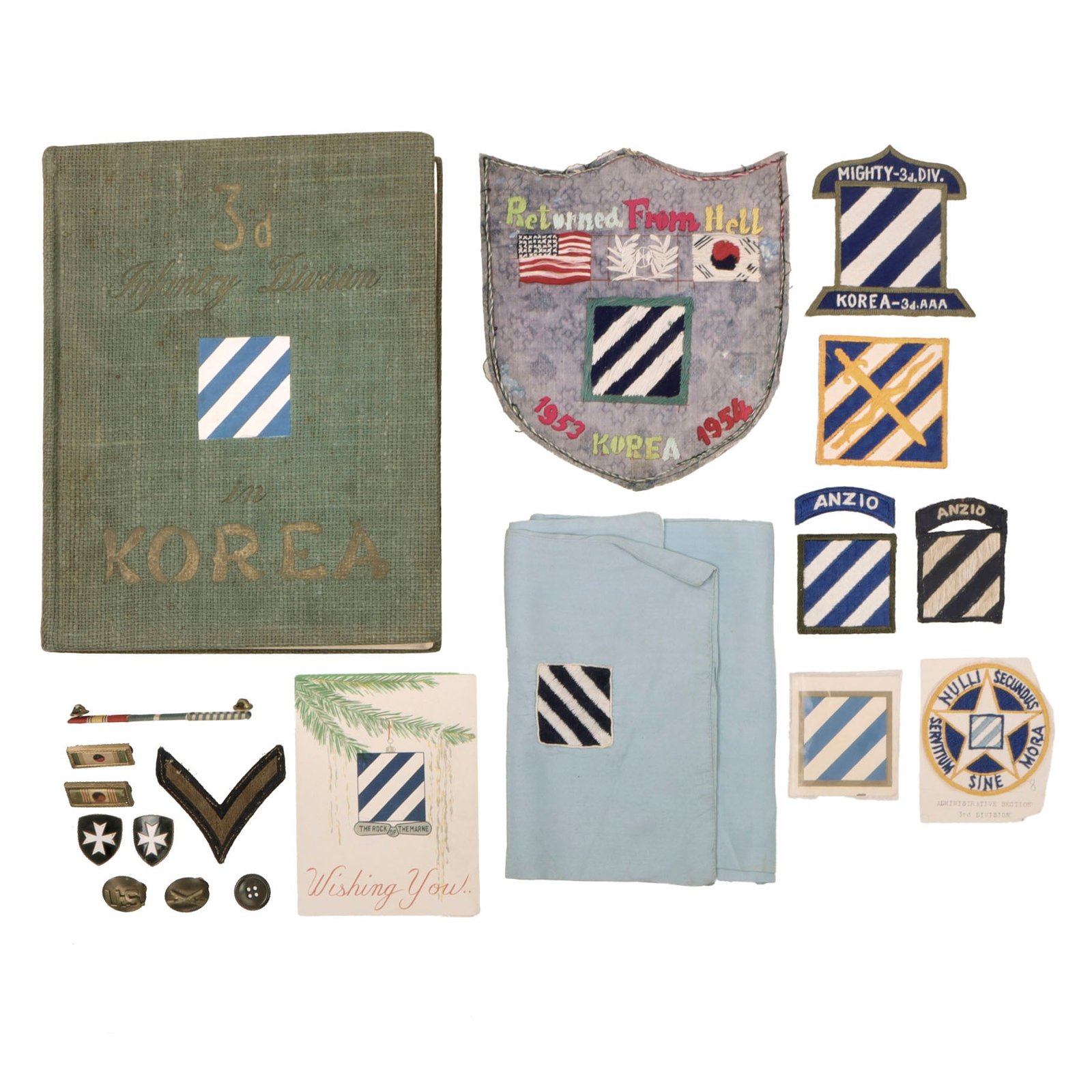 Original U.S. Korean War 3rd Infantry Division Lot with Rare Unit History, Theater-Made Scarf, Japanese-Made Novelty Patch, and More