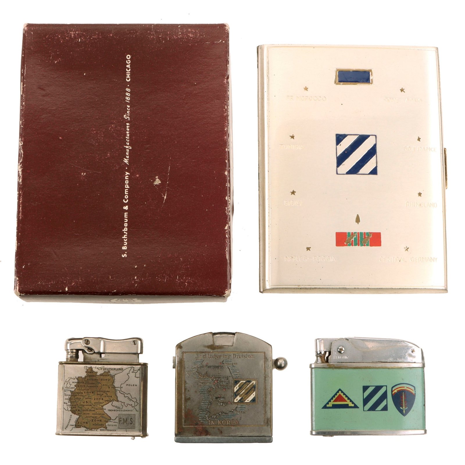 Original U.S. WWII & Korean War 3rd Infantry Division Cigarette Lighter & Cigarette Case Lot - Four Items Total