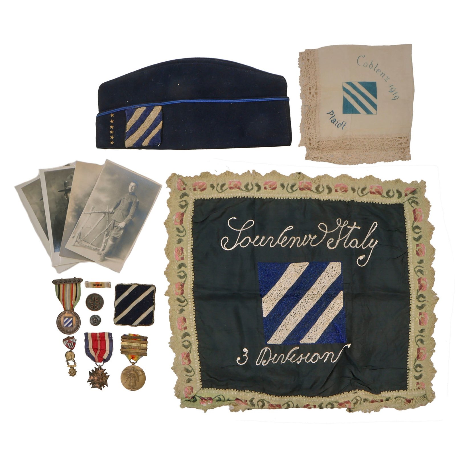 Original U.S. WWI & WWII 3rd Division “Rock of the Marne” Lot with Divisional Medal, Victory Medal with 6 Bars, Veteran’s Cap, and Souvenirs