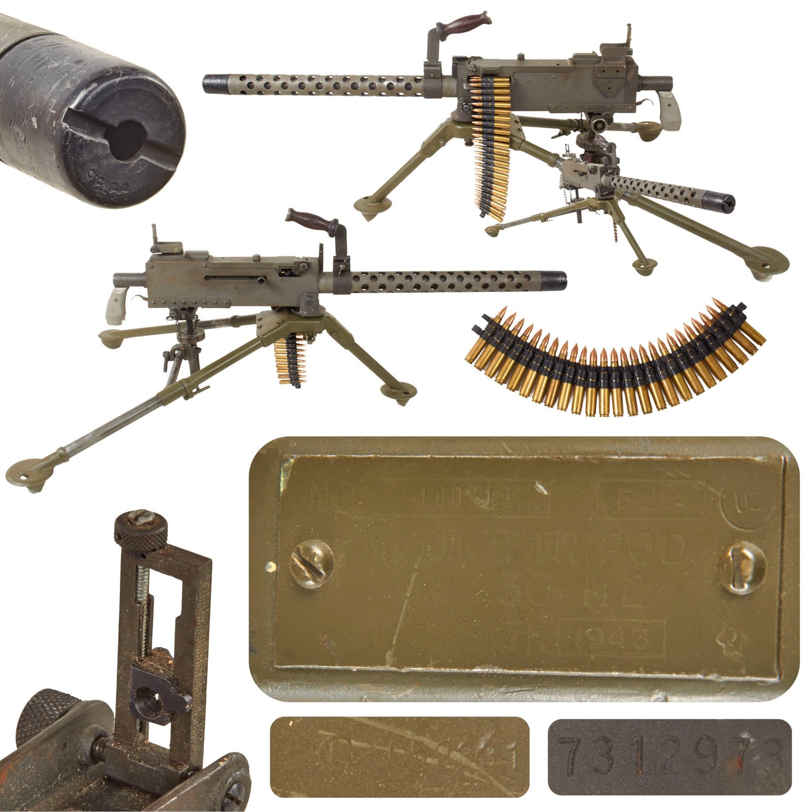 Original U.S. WWII Browning .30 Caliber M1919A4 Display Machine Gun with 1943 Dated Tripod, Pintle, and T&E