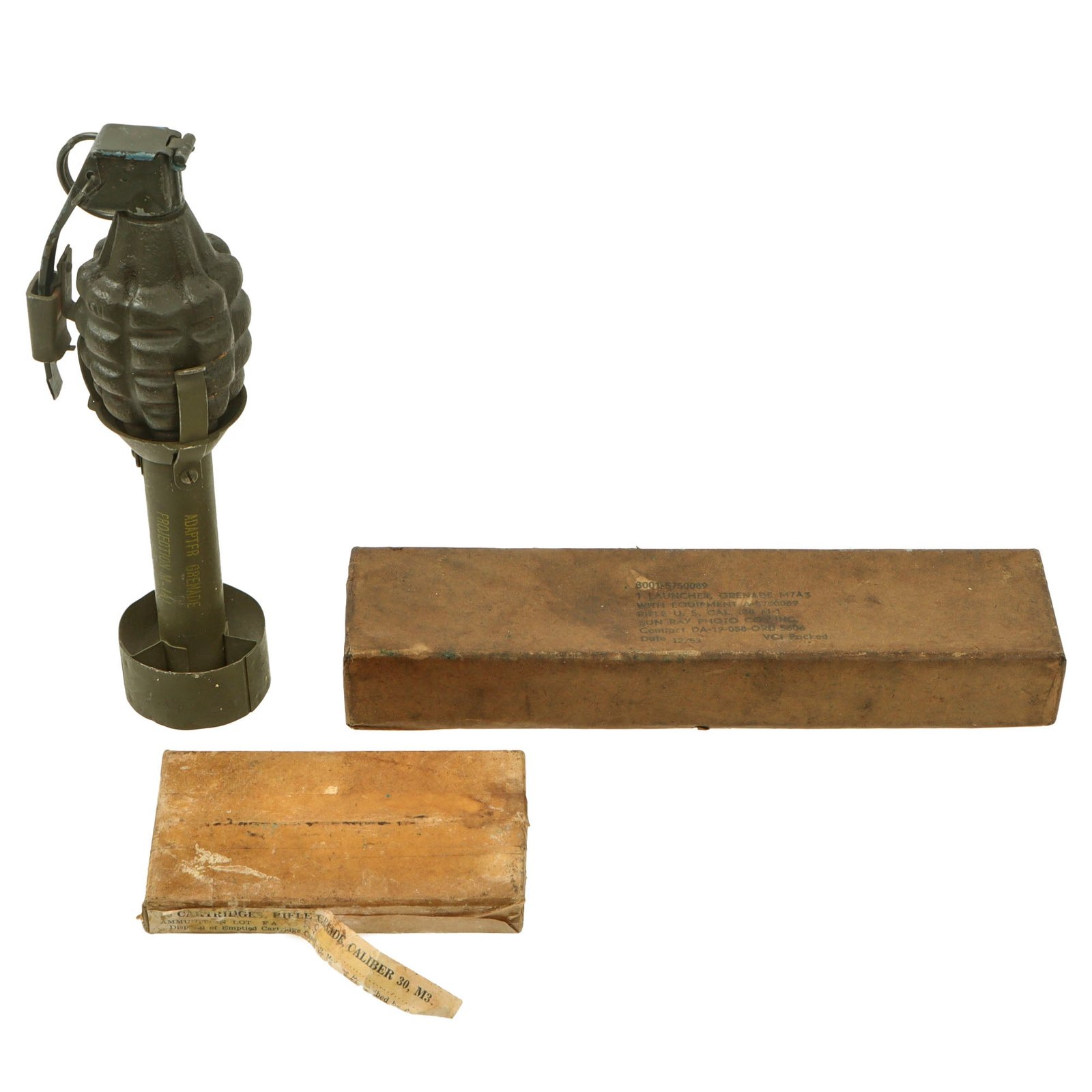 Original U.S. WWII & Korean War EraInert MkII Pineapple Practice Grenade in 1945-Dated M1A1 Rifle Grenade Adapter with M7A3 M1 Garand Launcher by K.R. Wilson in Sealed Box with Sealed Box of Launching Cartridges