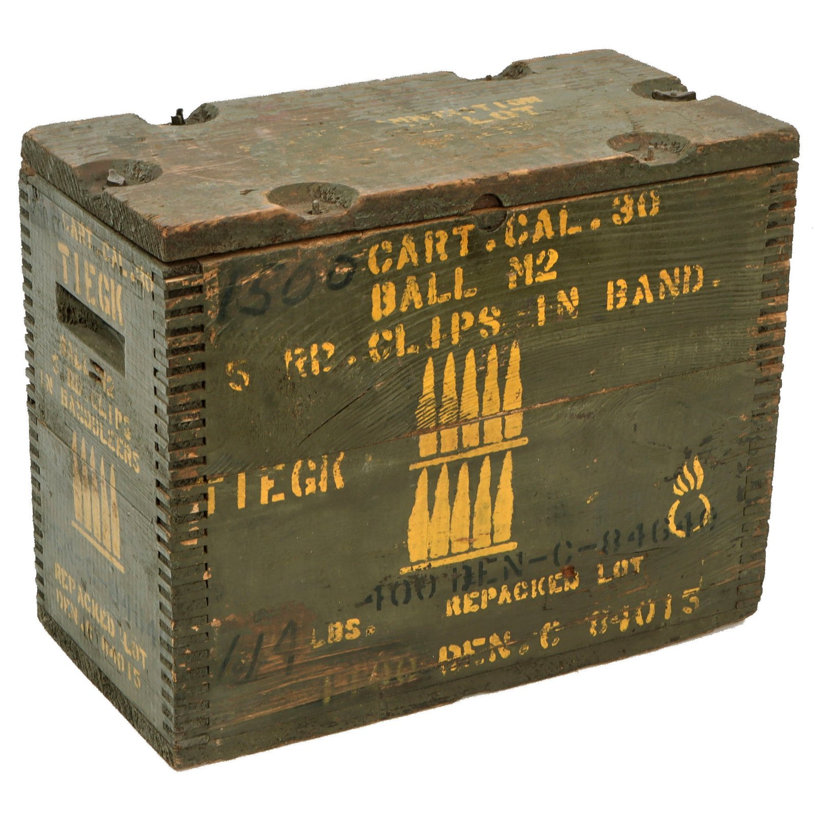 Original U.S. WWII M1903 Springfield .30cal Ball M2 1500 Cartridge Repack M1917 Wooden Ammunition Crate