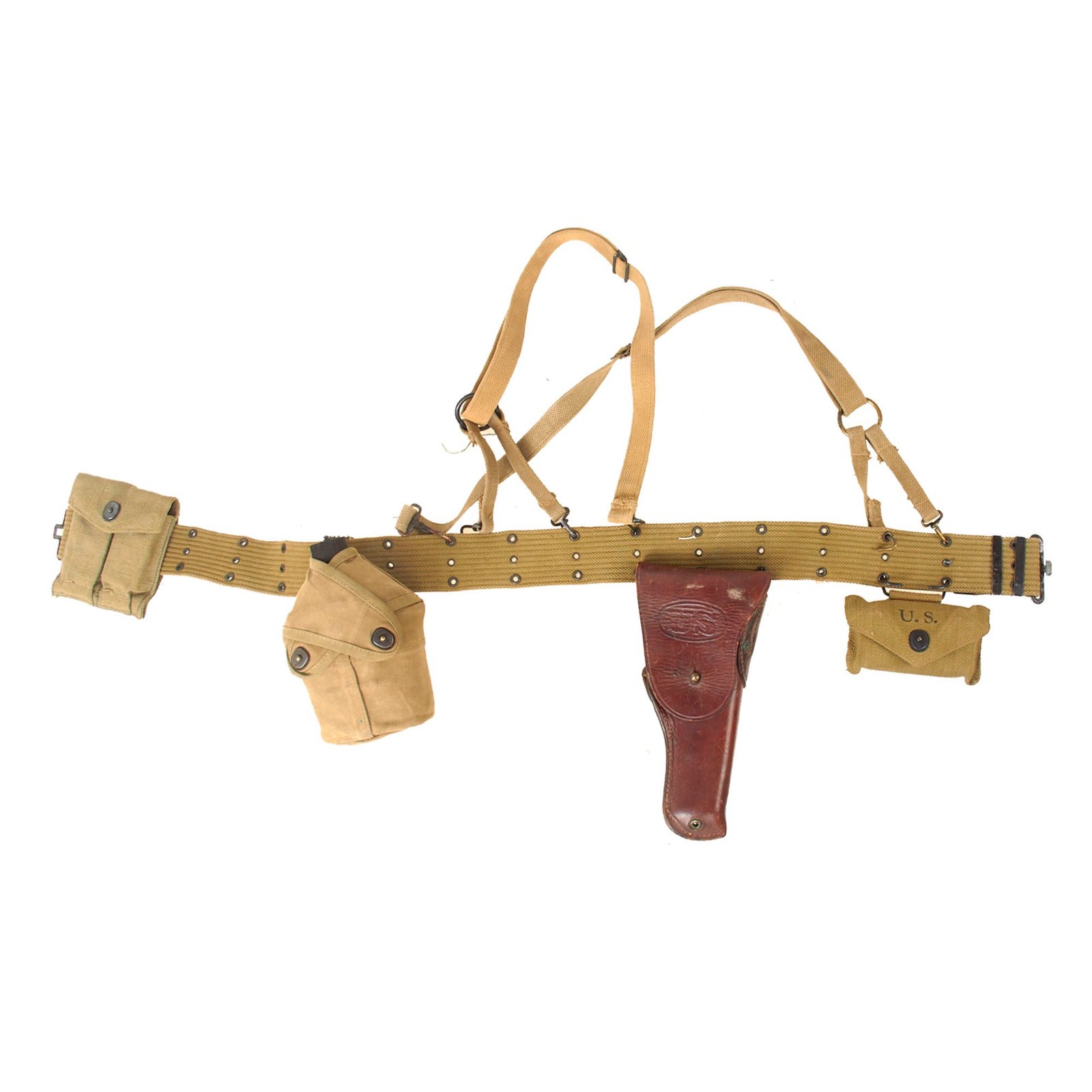 Original U.S. WWII USMC M-1911 Pistol Belt Rig with Rare USMC-Marked Belt, Rabbit Ear Canteen Cover with Porcelain Canteen, P-41 Suspenders, First Aid Pouch with Bandage, and P-41 Suspenders