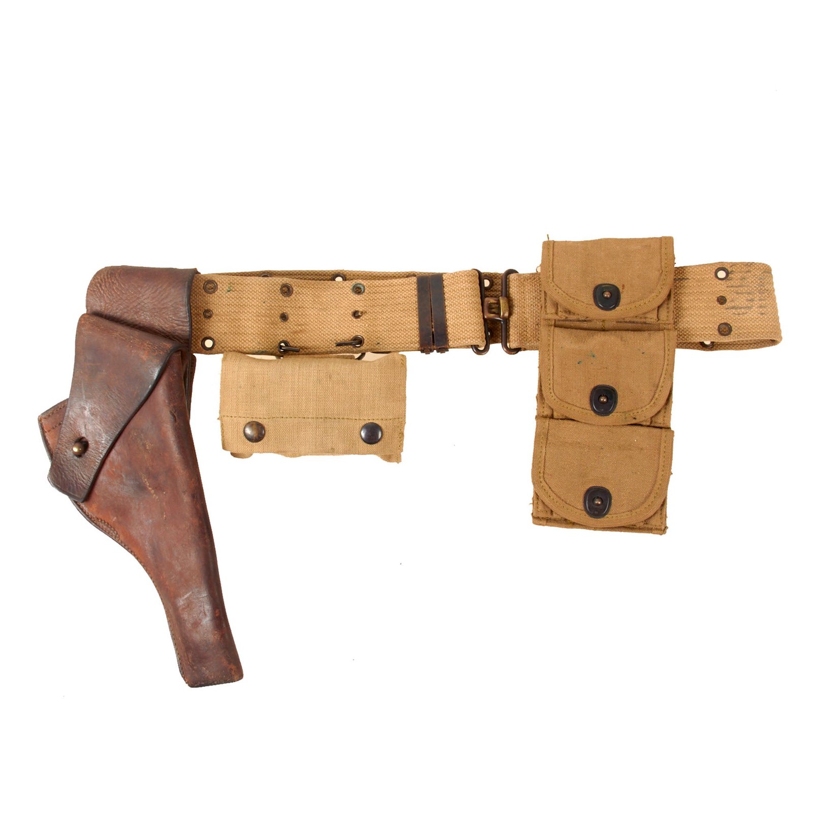 Original U.S. WWI M1917 Holster for 1911 .45 Revolver with M-1910 Pistol Belt, WWI Half Moon Clip .45 Cal 3 Pocket Pouch, and First Aid Pouch with 1917-Dated Sealed Bandage - Dated 1918