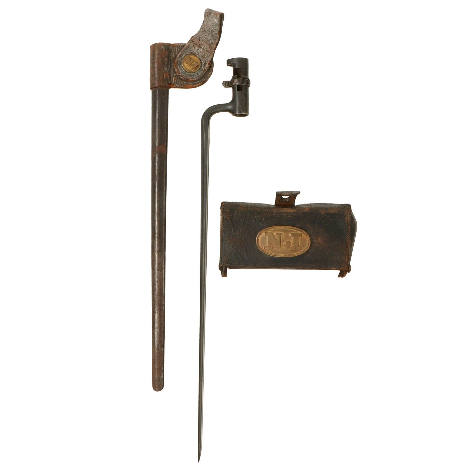 Original U.S. New Jersey Issue M1873 Rifle Socket Bayonet with 1st Pattern N.J. Frog Scabbard & M1874 .45/70 McKeever Cartridge Box with New Jersey Plate & Original Rounds