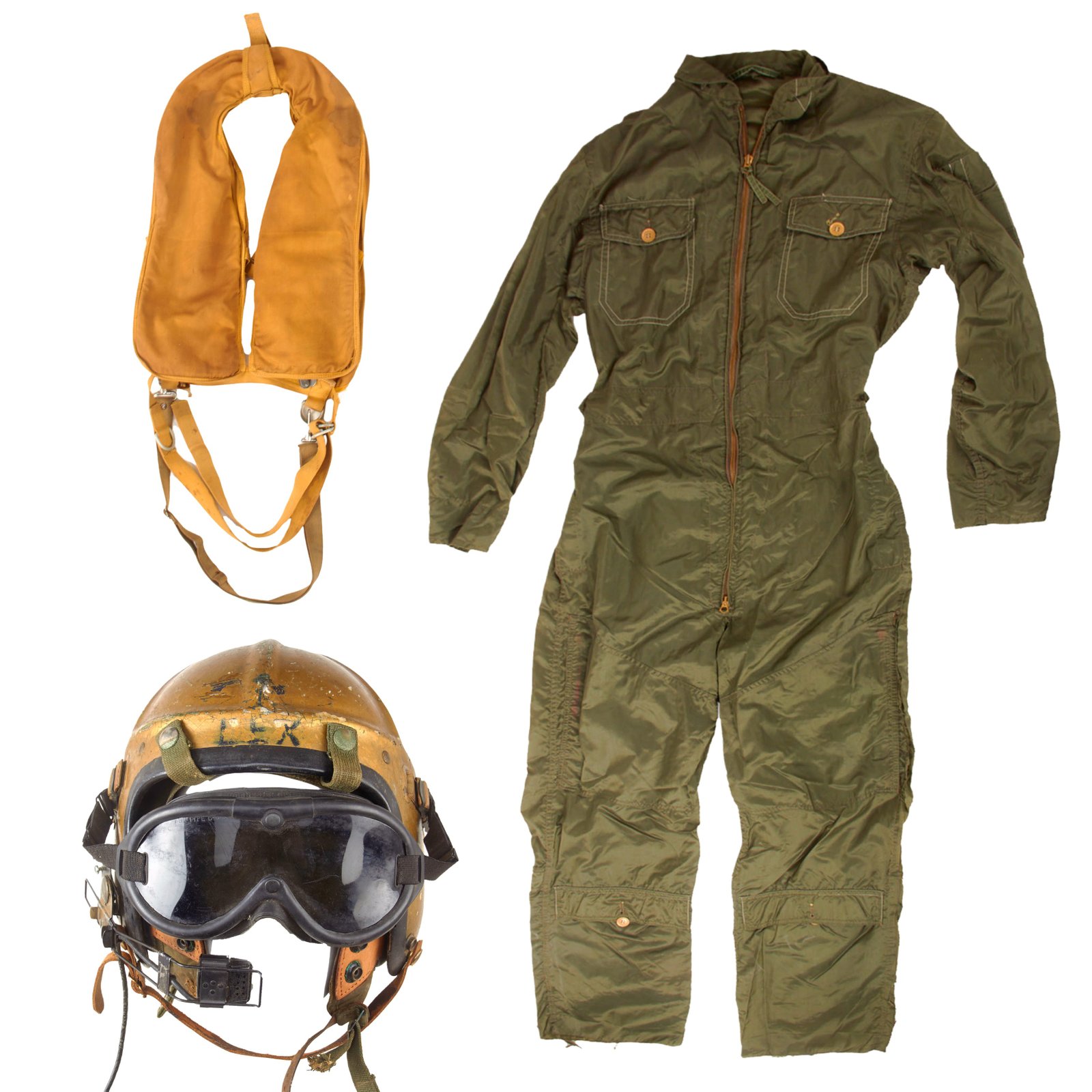 Original U.S. Korean War Navy Pilot’s H4 Helmet & Nylon Flightsuit Set with Interior H4 Helmet & Mae Vest Flotation Vest