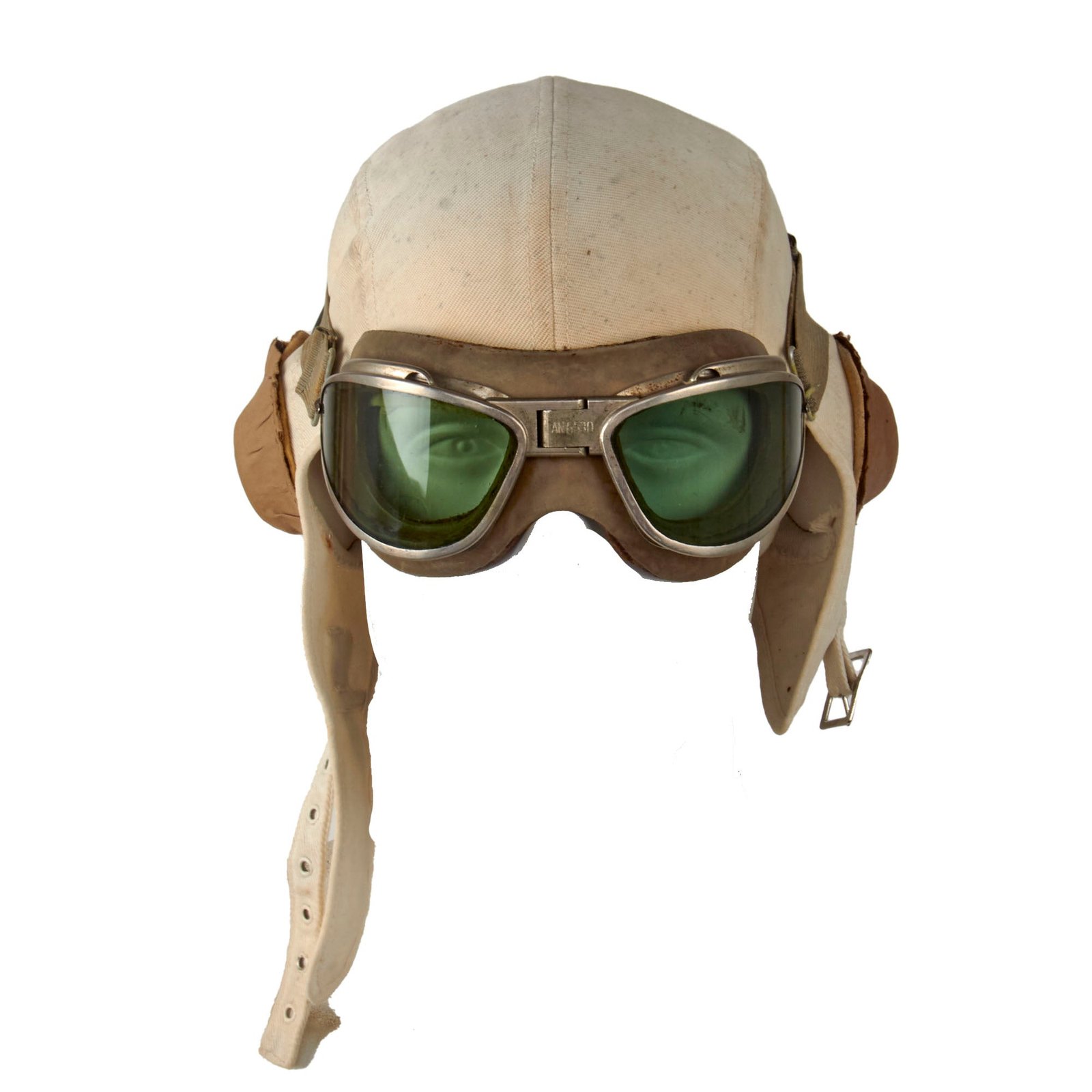 Original U.S. WWII Named Early War Navy USMC White Summer Flight Helmet with Installed TH-37 Earphones & AN-6530 Goggles - Joseph Earl Orwig