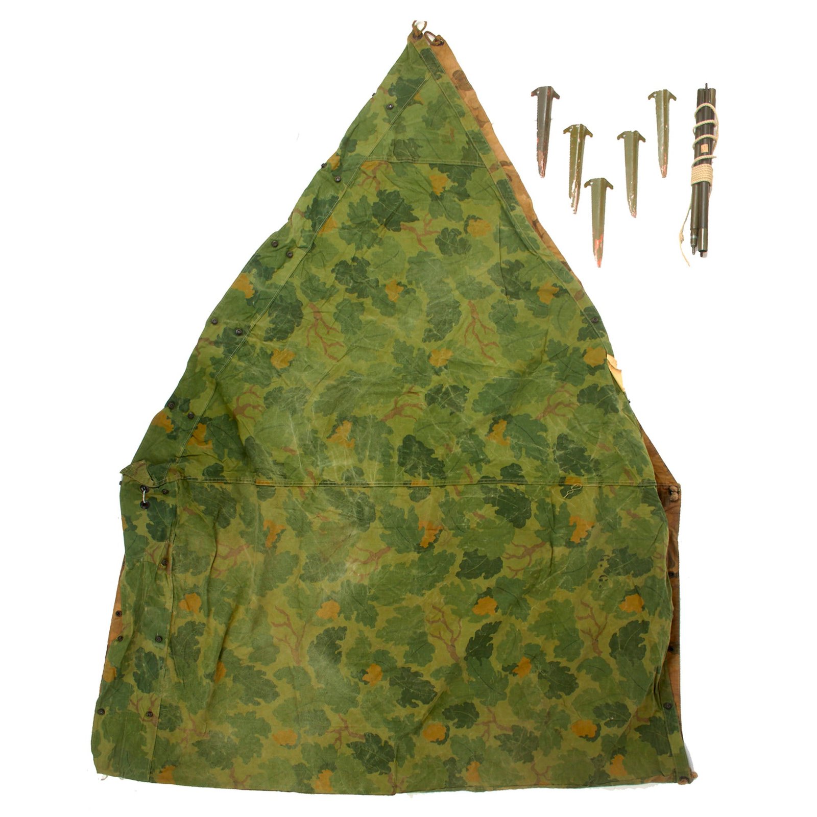 Original U.S. Korean War 1953 Dated Mitchell Pattern Camouflage Shelter Half with Poles & Pins