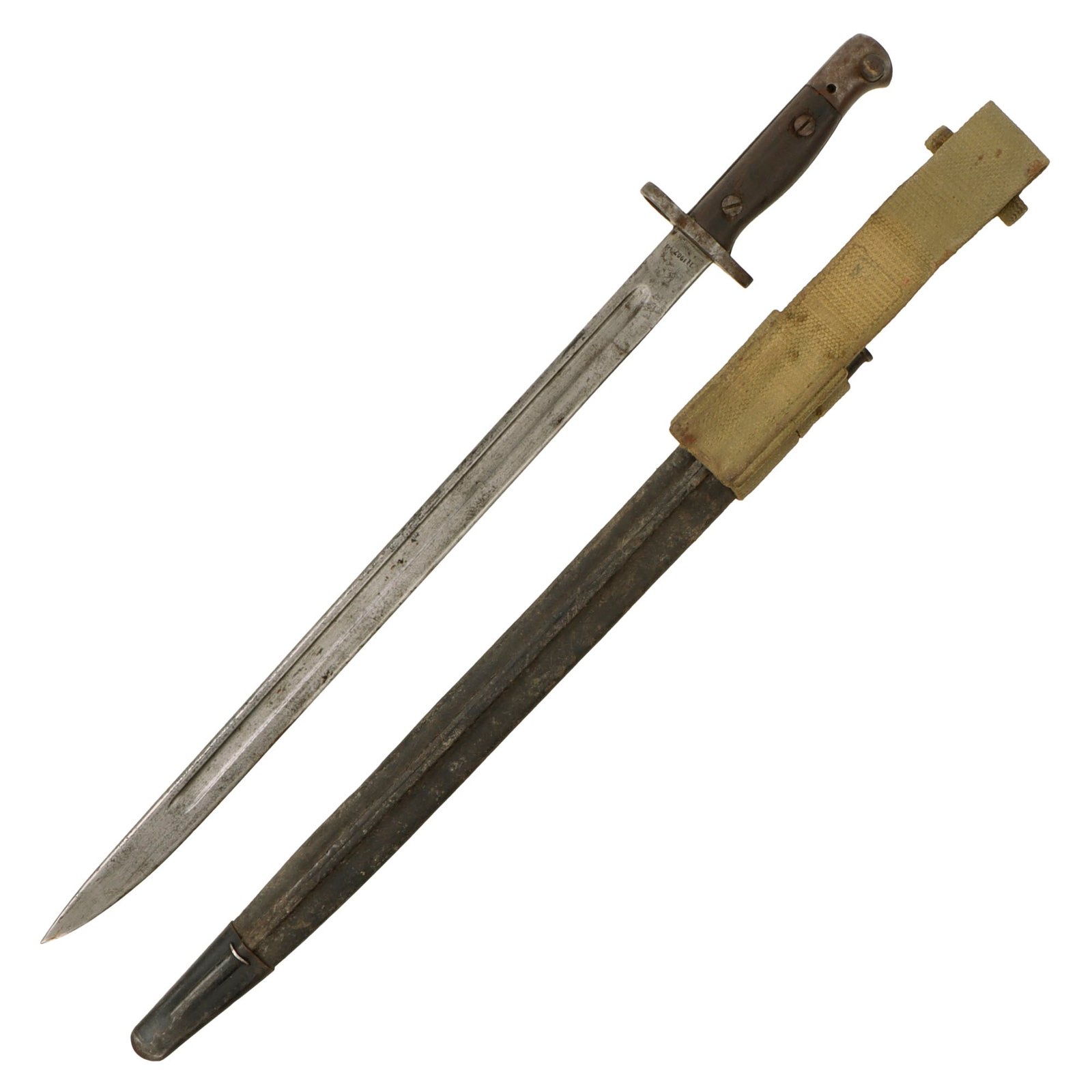 Original British WWI P-1907 Enfield Bayonet by Wilkinson with Scabbard & Webbing Frog - Dated 1918