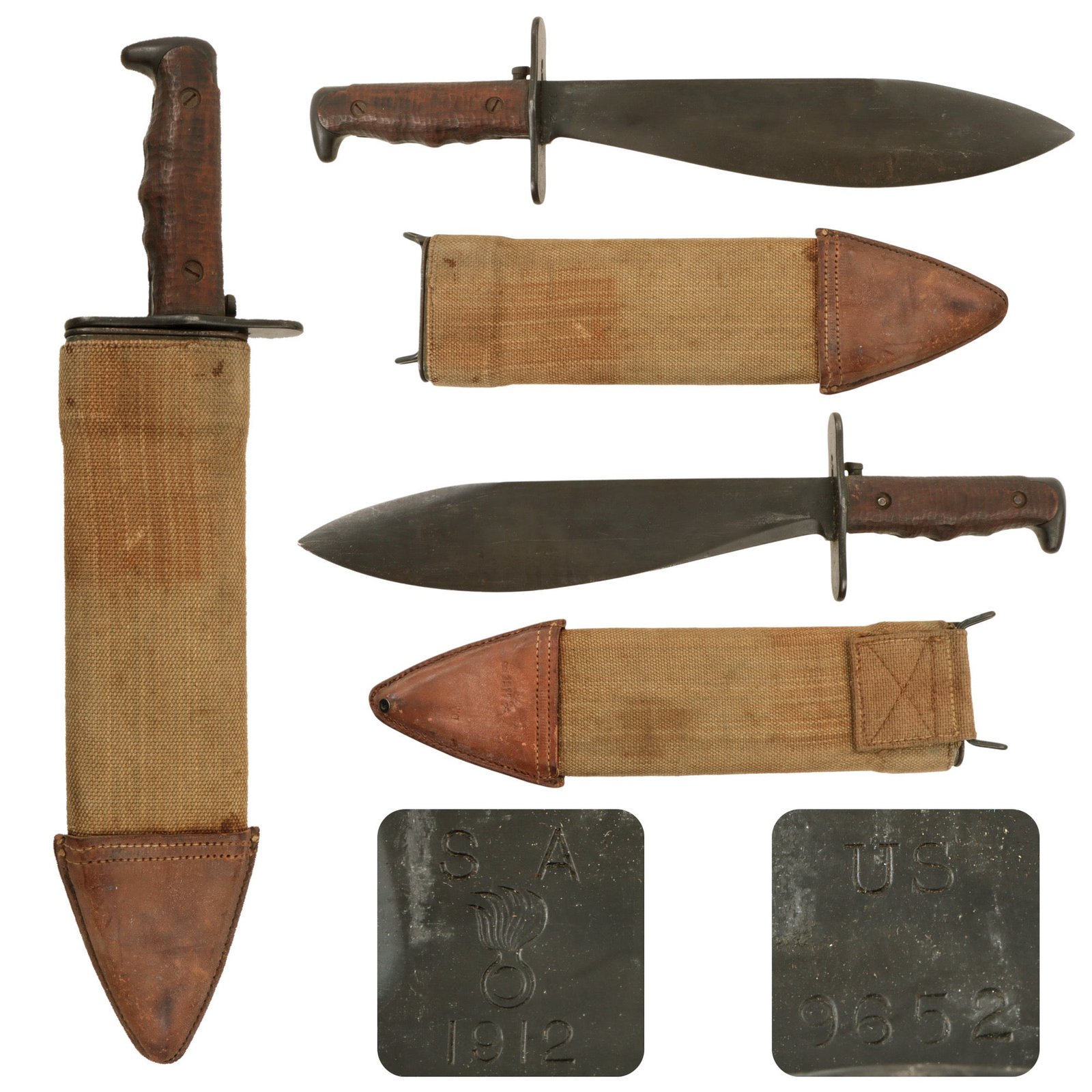 Original U.S. Pre-WWI Rare Model 1910 Bolo Knife by Springfield Armory with Locking Canvas Scabbard - Dated 1912