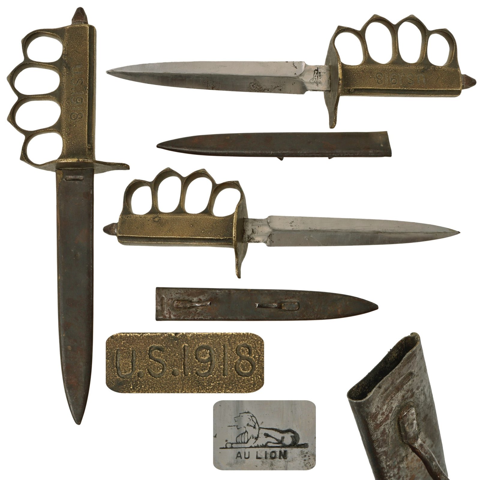Original U.S. WWI Model 1918 French Made Mark I Trench Knife by AU LION with Correct Steel Scabbard - Excellent