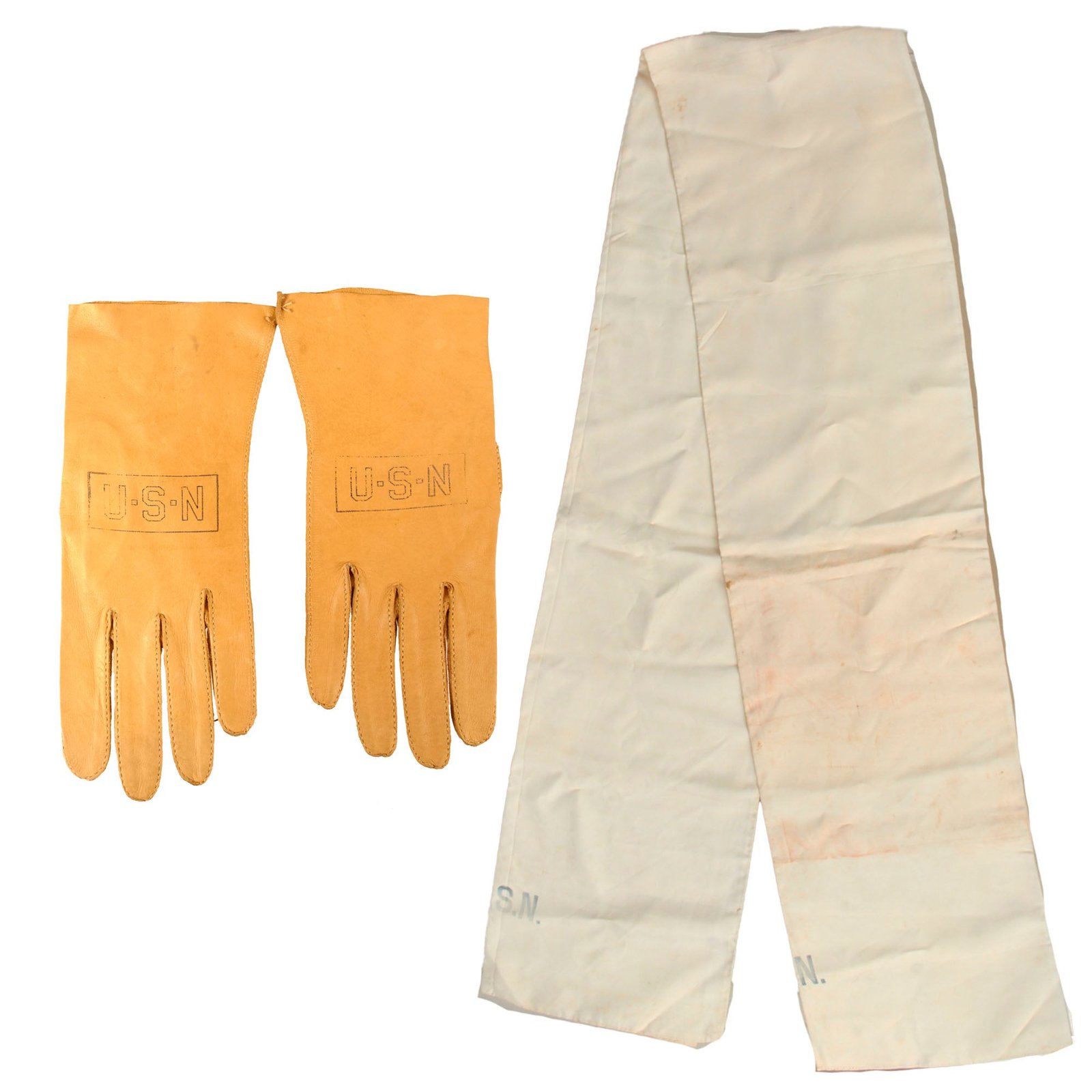 Original U.S. WWII Navy Type B-3A Flying Gloves with U.S.N. Marked Pilot Scarf