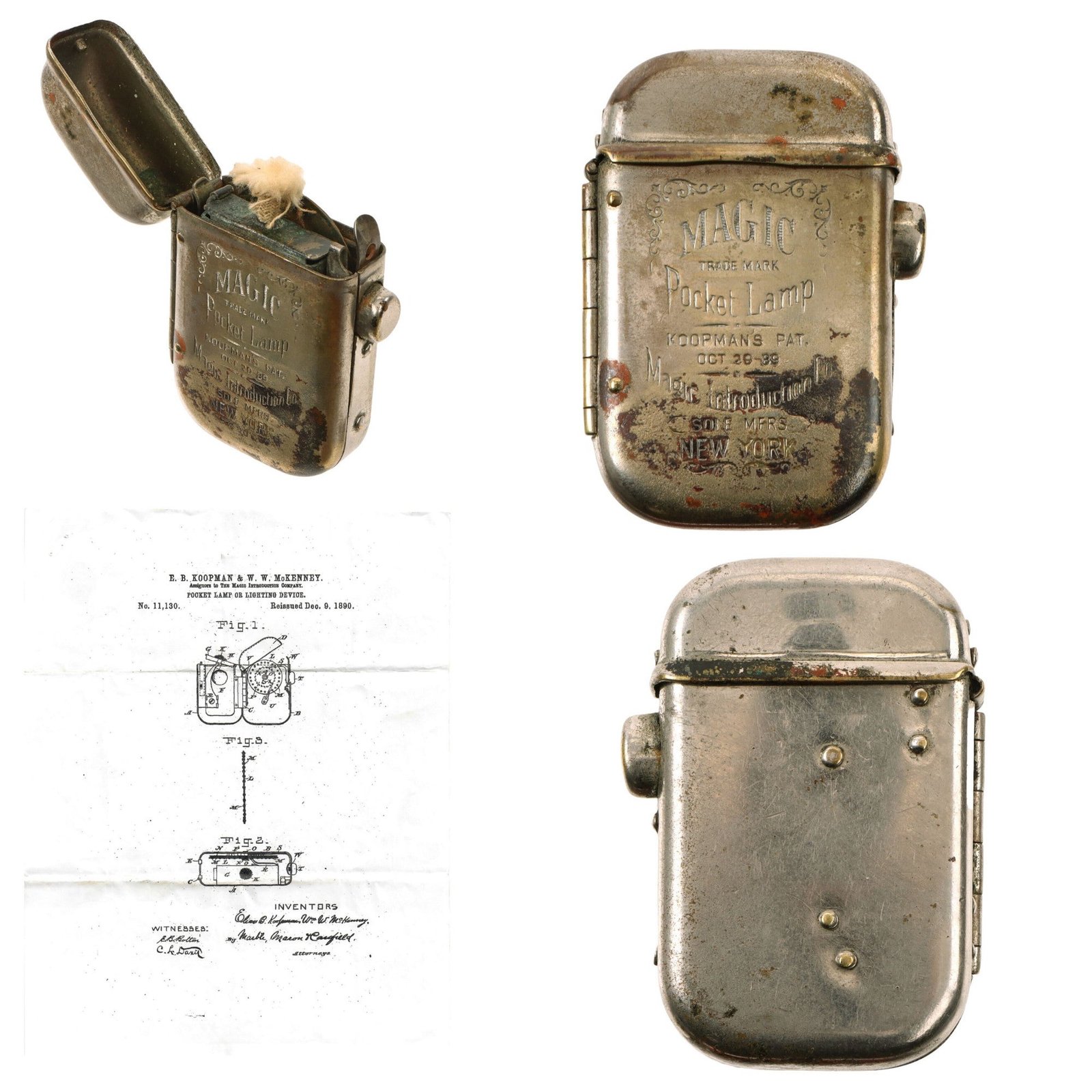 Original Spanish-American War Era “Magic Pocket Lamp” The 1st Patented Automatic Lighter with Copy of Patent Information - Patent Dated 1890