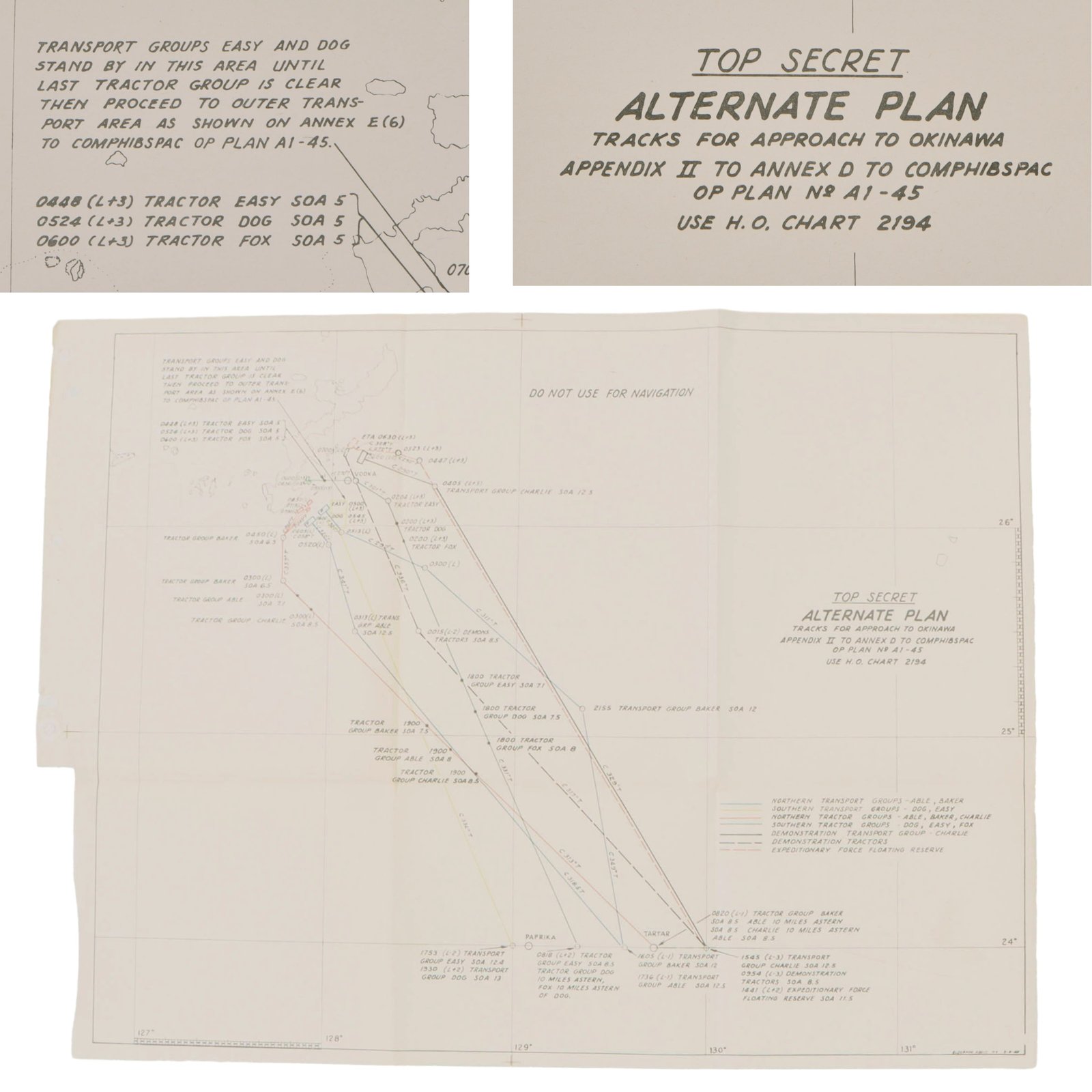 Original U.S. WWII Battle of Okinawa Top Secret Alternate Plan for Approach to Okinawa - 16 ½ x 22”