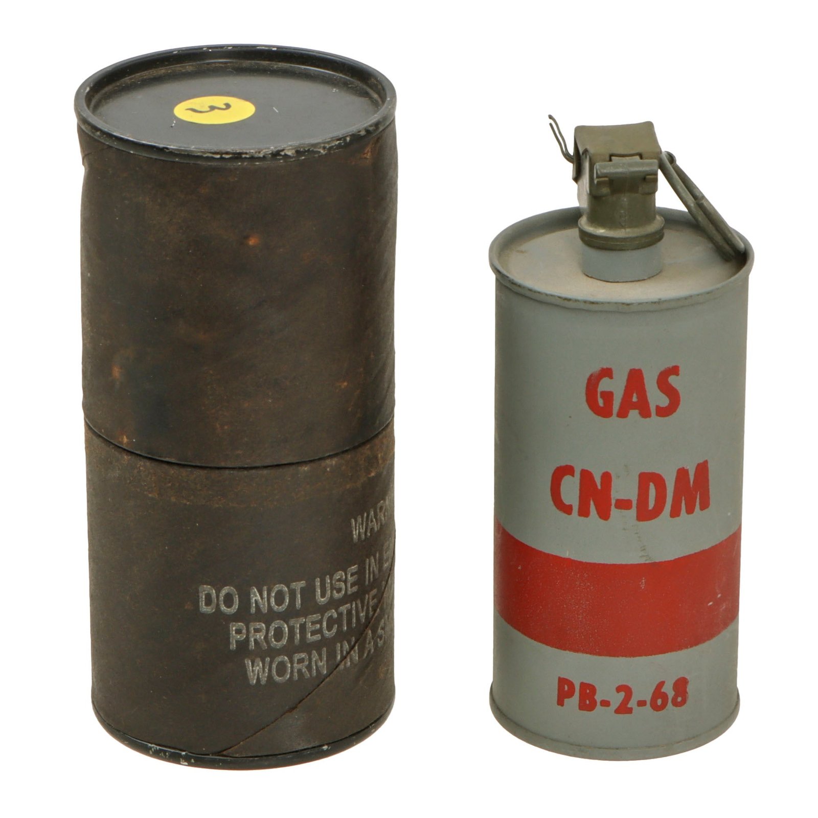 Original U.S. Vietnam War Inert M18 Cylinder CN-DM Chloroacetophenone Adamsite Gas Grenade with M201A1 Fuse in Husk Container - Dated 1968 - EOD Training Aid