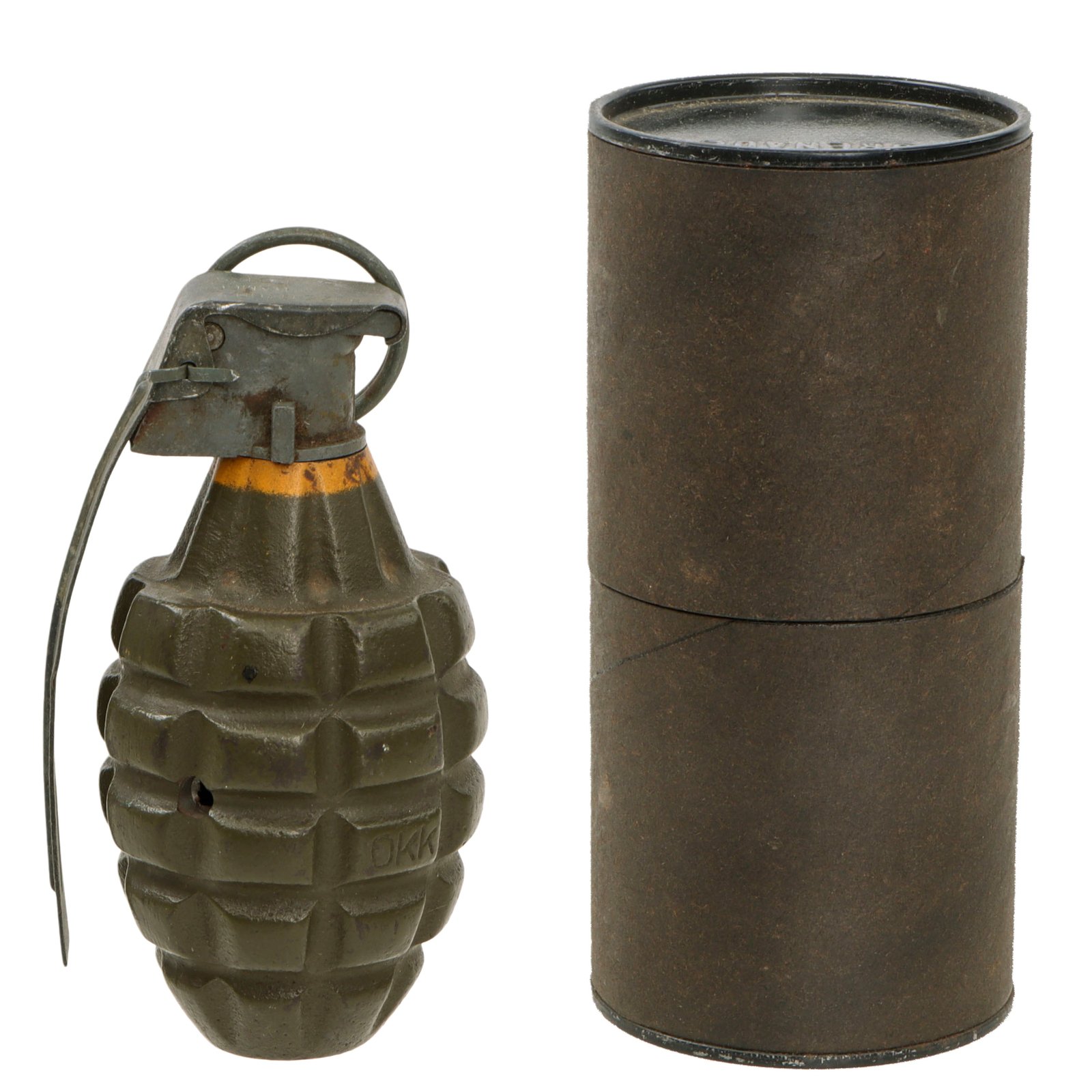 Original U.S. WWII Inert MkII Pineapple Grenade with Yellow Ring by Rare Maker OKK with M200A1 Fuze in Husk