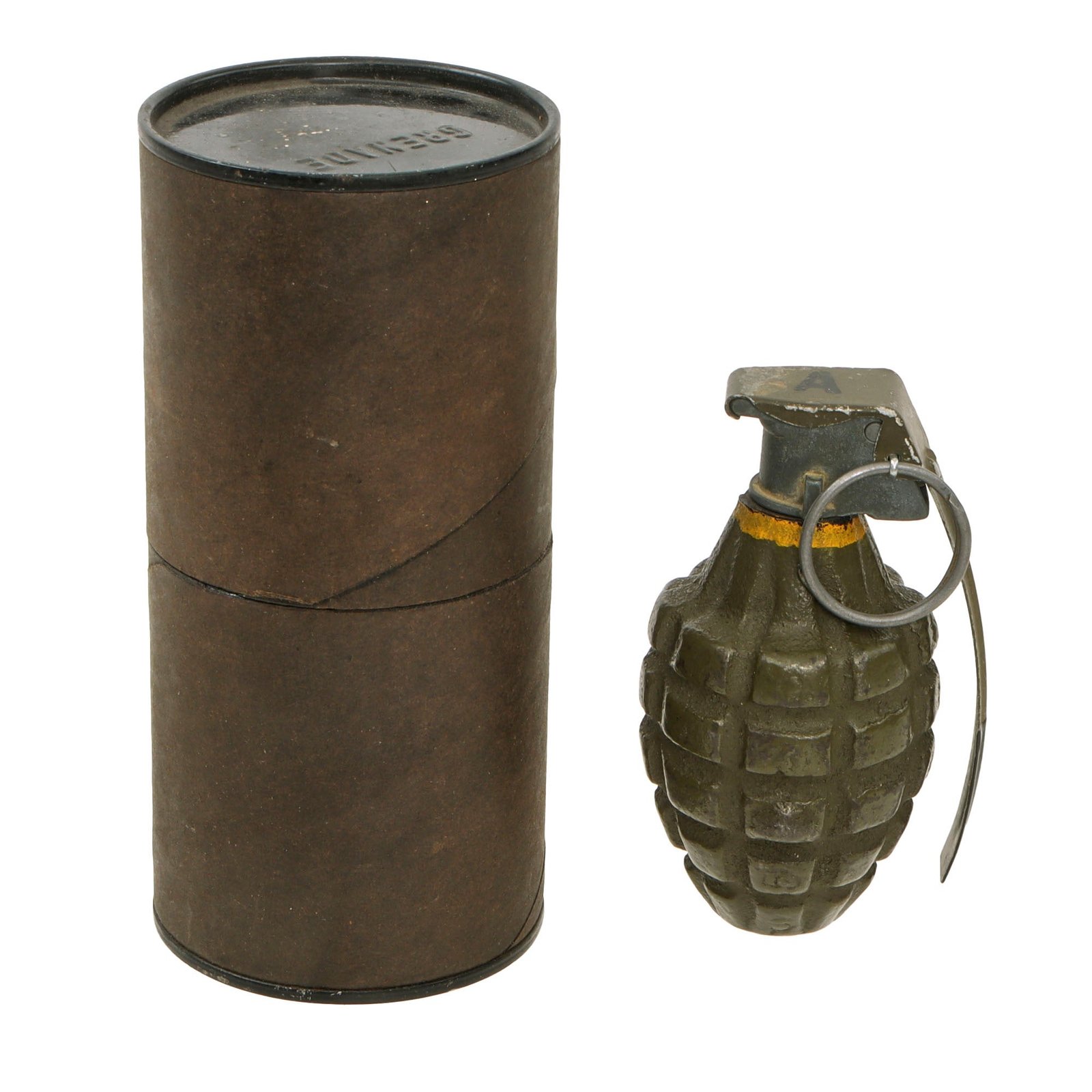 Original U.S. WWII Inert MkII Pineapple Grenade with Yellow Ring & M10A2 Fuze in Husk