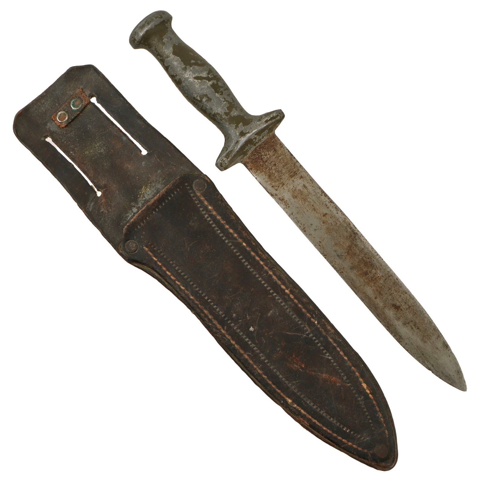 Original U.S. WWII Australian Made Fighting Knife with Cast OD Green-Painted Handle in Leather Sheath