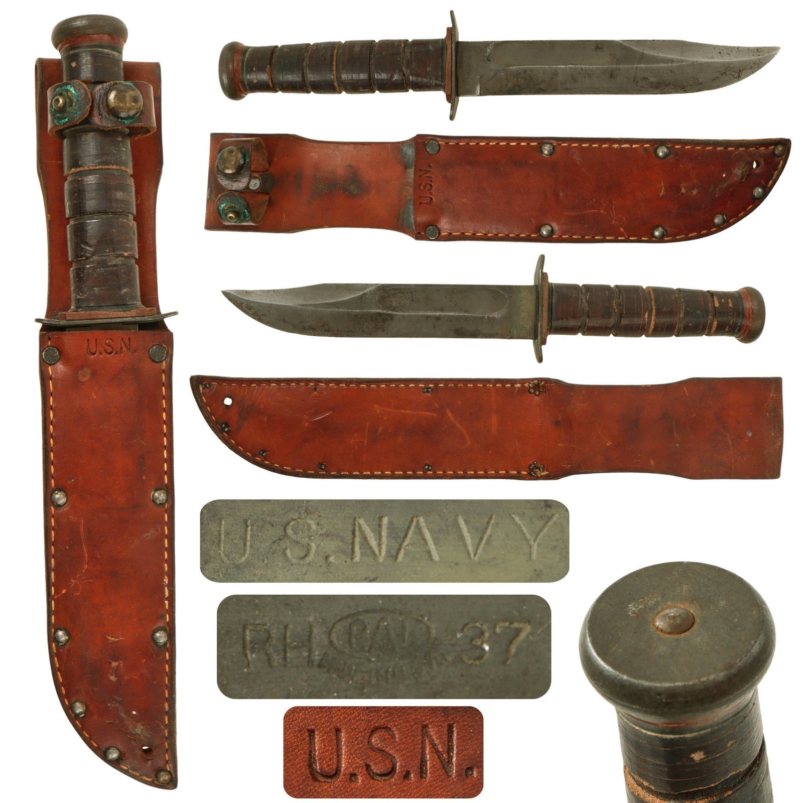 Original U.S. WWII Navy Rare “Red Spacer” Mark 2 KA-BAR Fighting Knife by PAL with Leather Scabbard