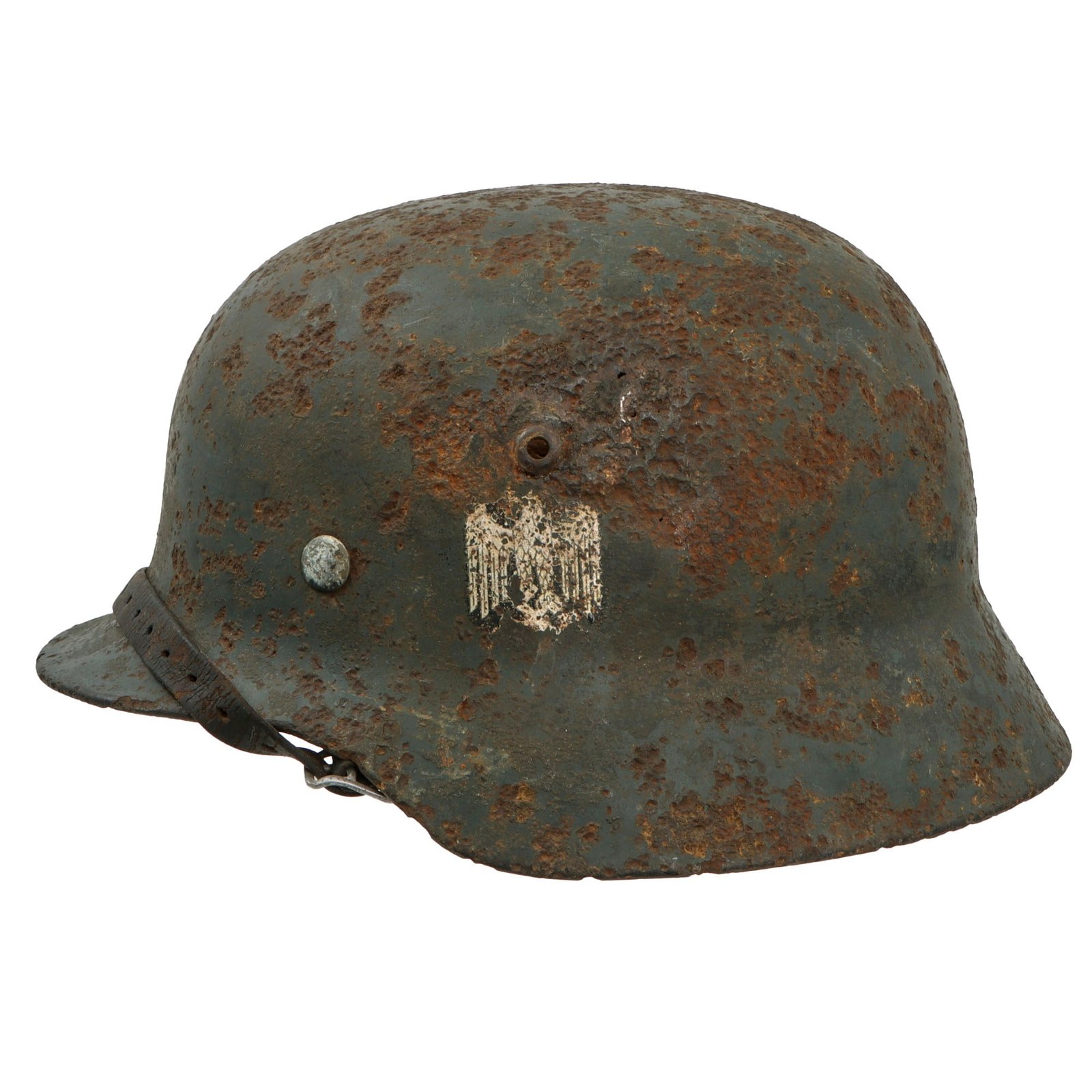 Original German WWII Relic Condition Heer Army M35 Double Decal Helmet with Partial Liner and Chinstrap - Size 64 Shell