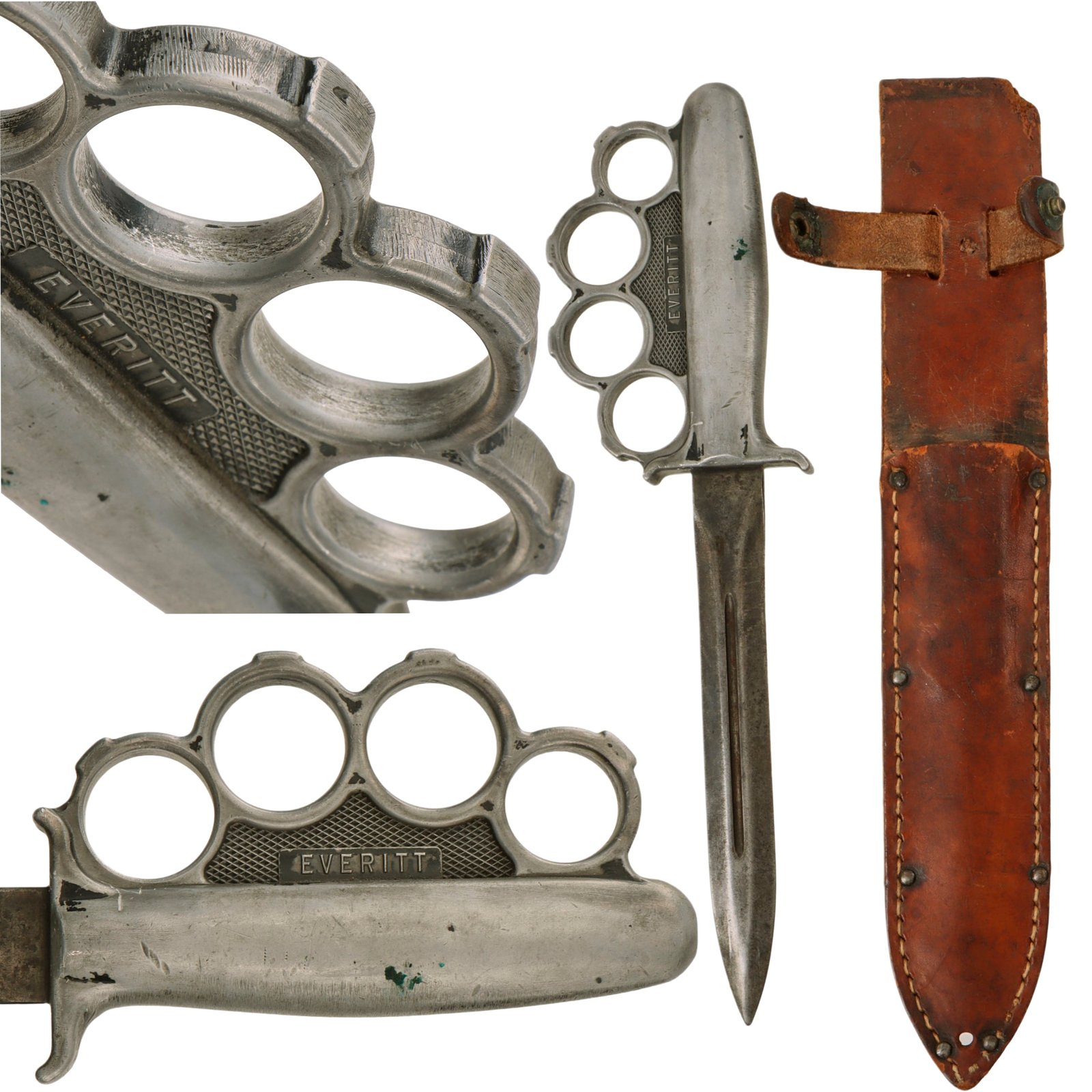 Original Rare U.S. WWII Everitt Black Handle Knuckle Fighting Knife with Added Scabbard