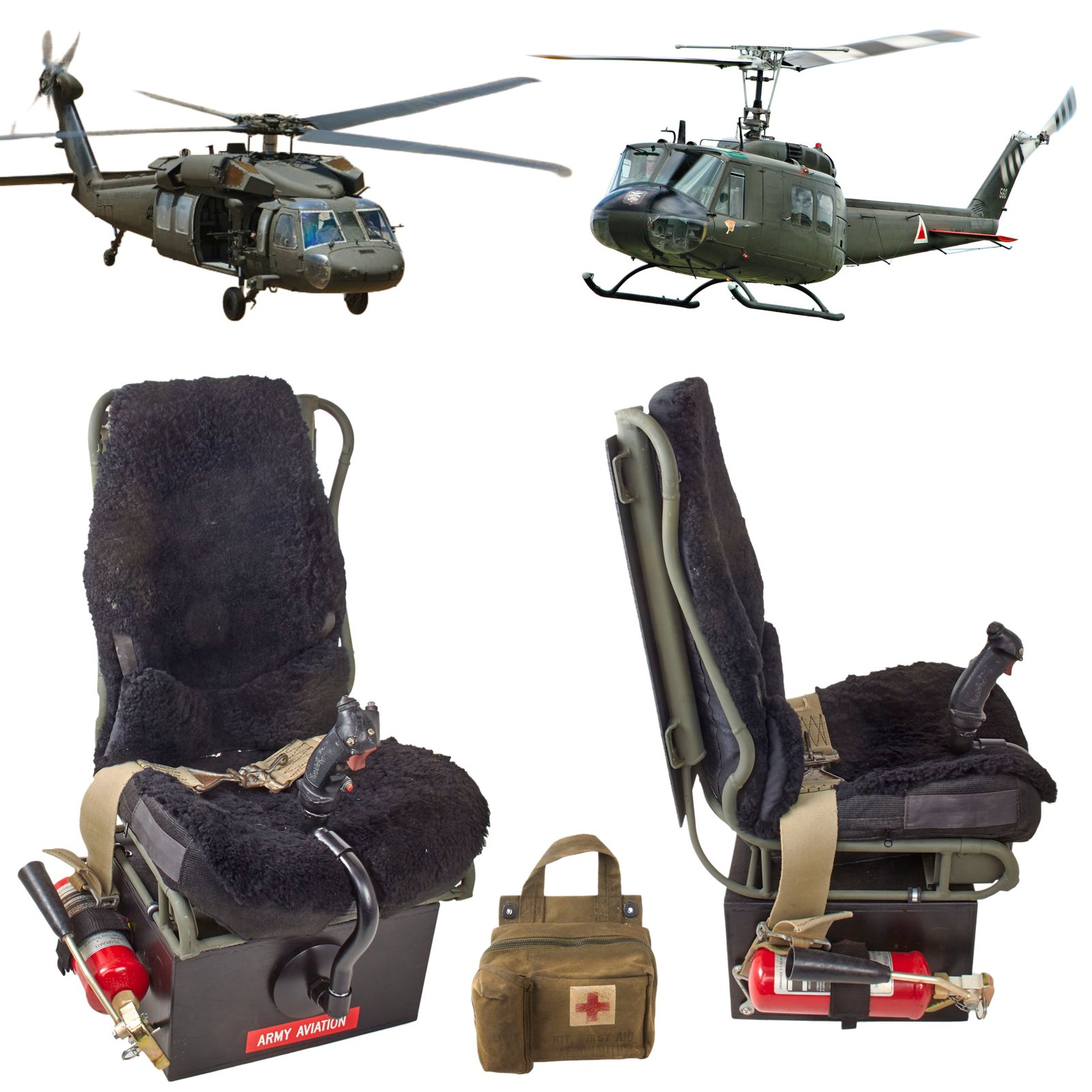 Original U.S. Vietnam to Modern Mockup Huey UH-1 Helicopter Seat with Huey Frame & Control Stick, Blackhawk UH-60 Seat Pads, with Military Fire Extinguisher and Aeronautic First Aid Kit