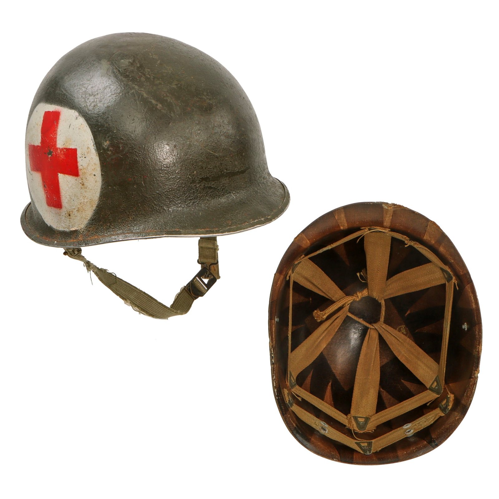Original U.S. Korean War Medic M1 McCord Fixed Bale Front Seam Helmet with CAPAC Liner