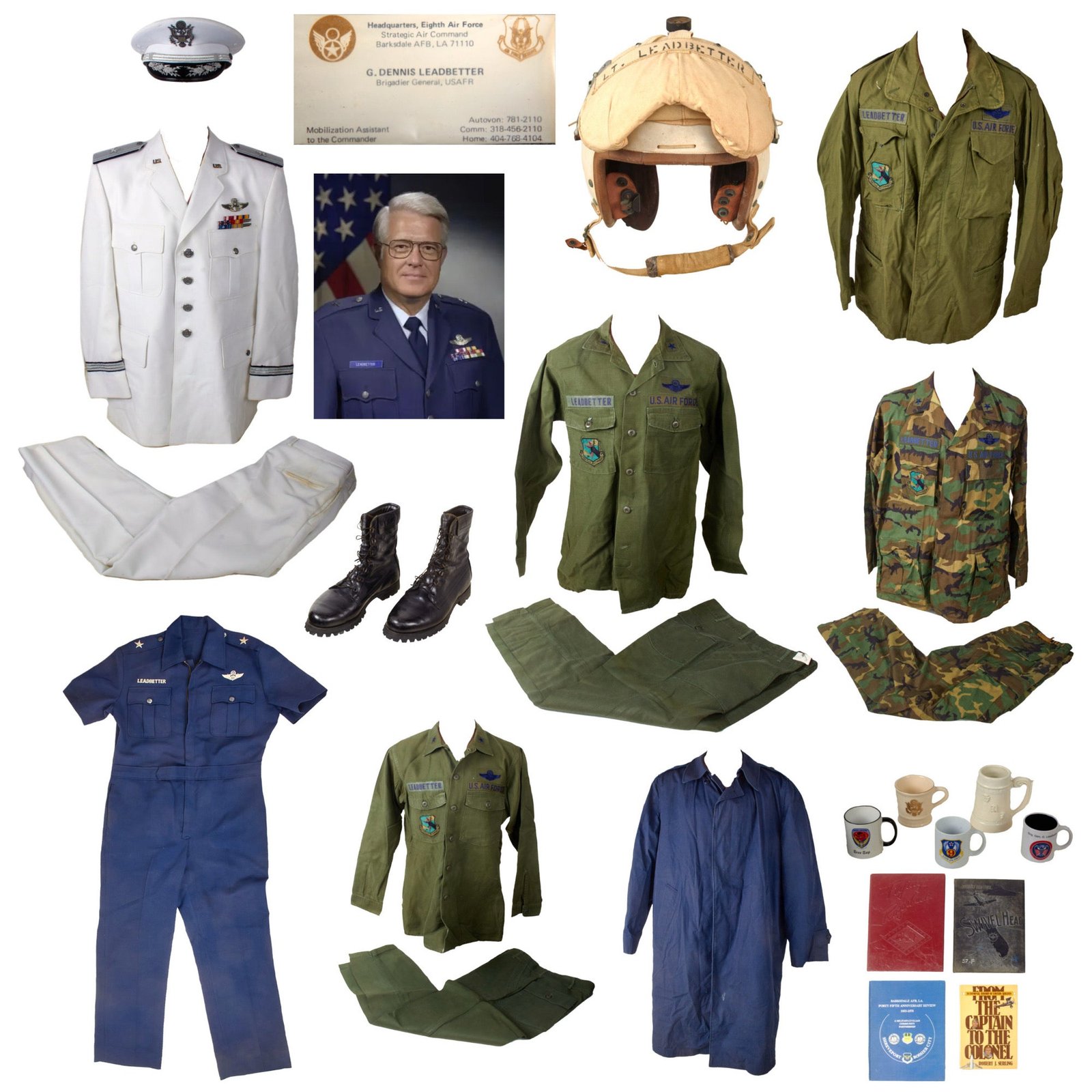 Original U.S. Cold War USAF Brigadier General G. Dennis Leadbetter Uniform, Flight Helmet, Flight Suit, Visor, and Cup Grouping