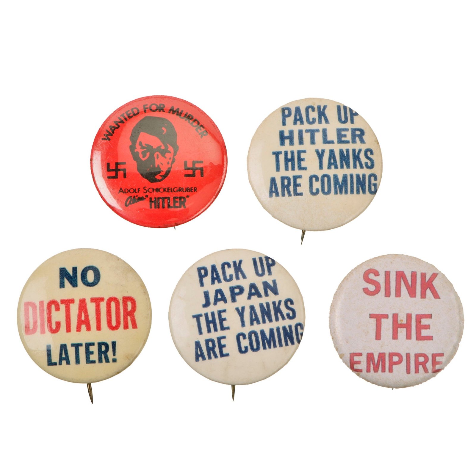 Original U.S. WWII Anti-Axis Button Pin Lot - Five Total
