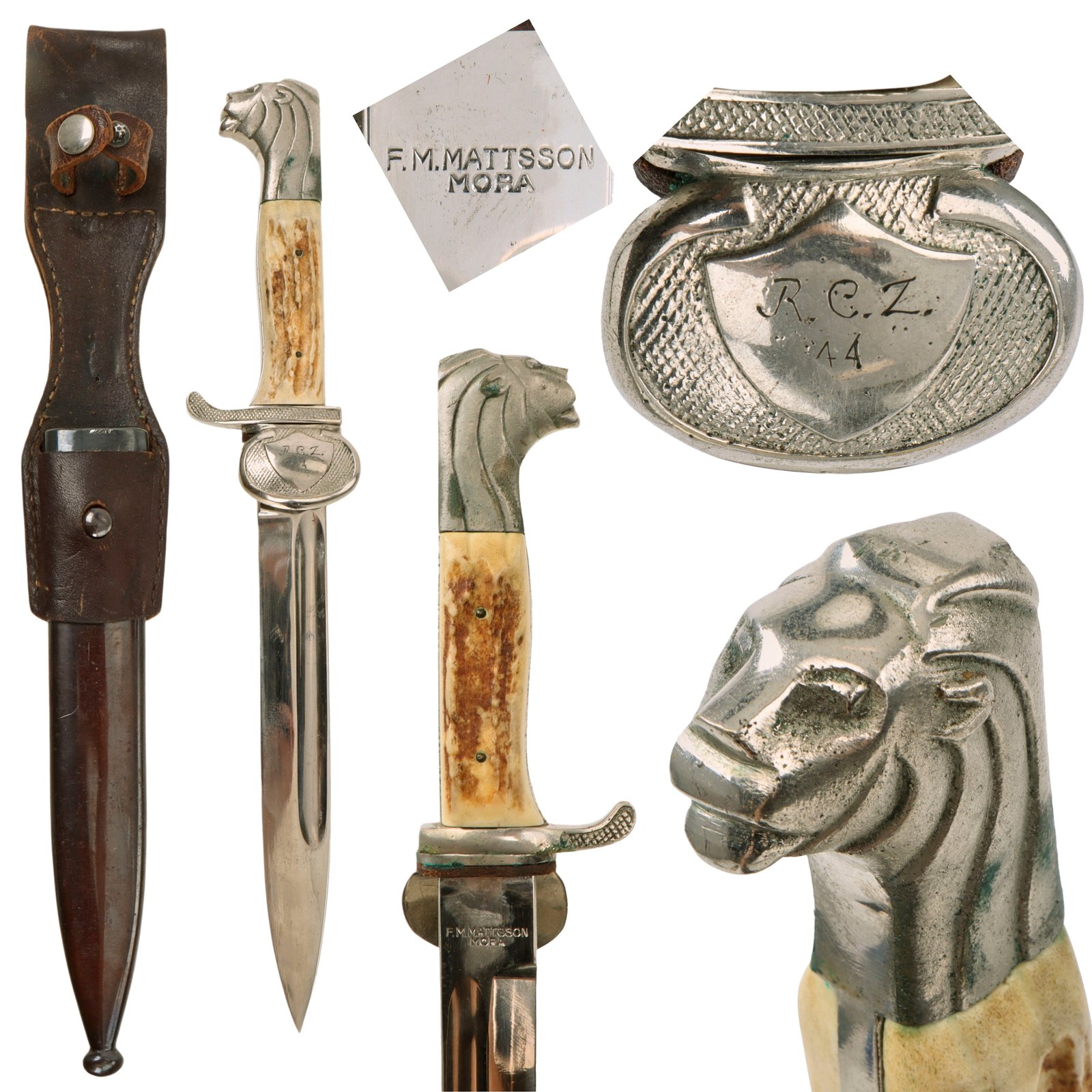 Original Swedish WWII Permissions bayonet Lion’s Head Dress Bayonet with Leather Frog by F.M. Mattsson of Mora - Engraved on Clamshell