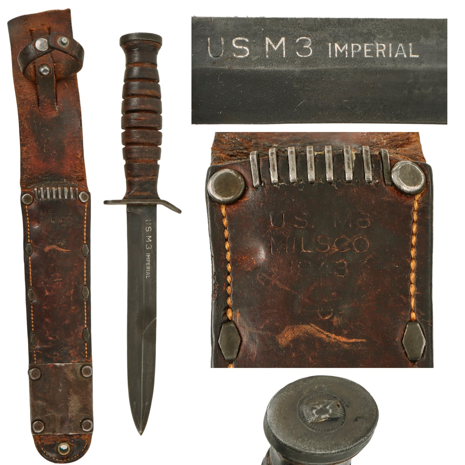 Original U.S. WWII M3 Blade Marked Fighting Knife by Imperial with 1943-Dated M6 Leather Scabbard - Missing Belt Hook