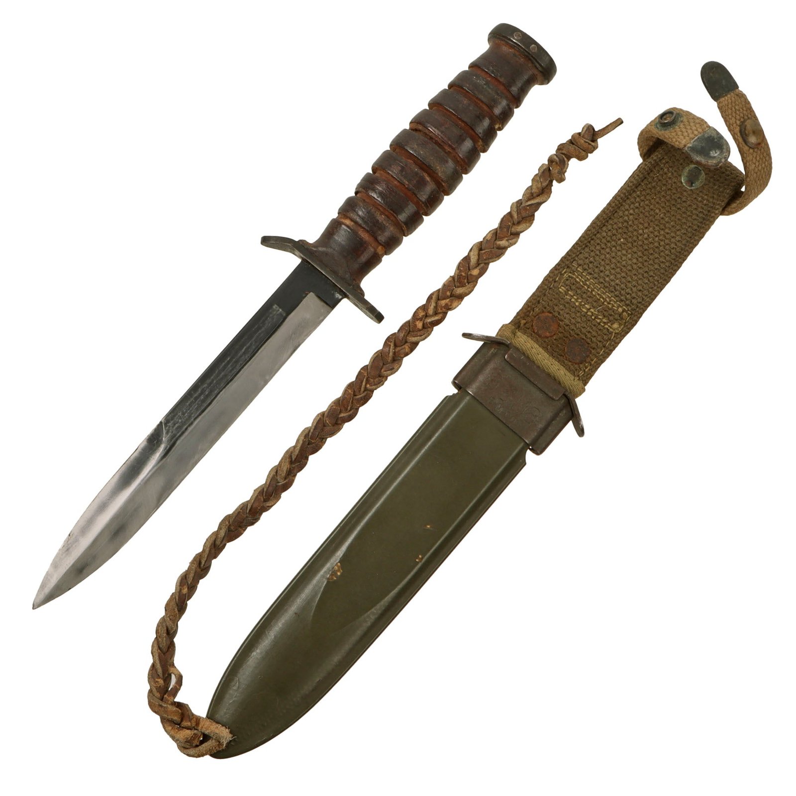Original U.S. WWII M3 Guard-Marked Fighting Knife by Camillus with M8 Scabbard & Braided Leather Thong