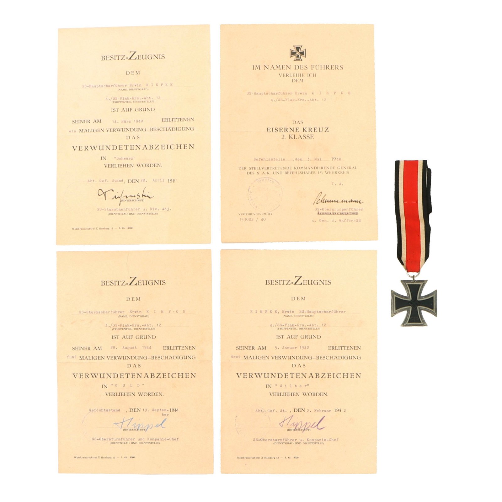 Original German WWII Award Document Grouping Named to Waffen SS-Sturmscharführer Erwin Kiepke with EKII Award - SS Flak Ersatz Regiment