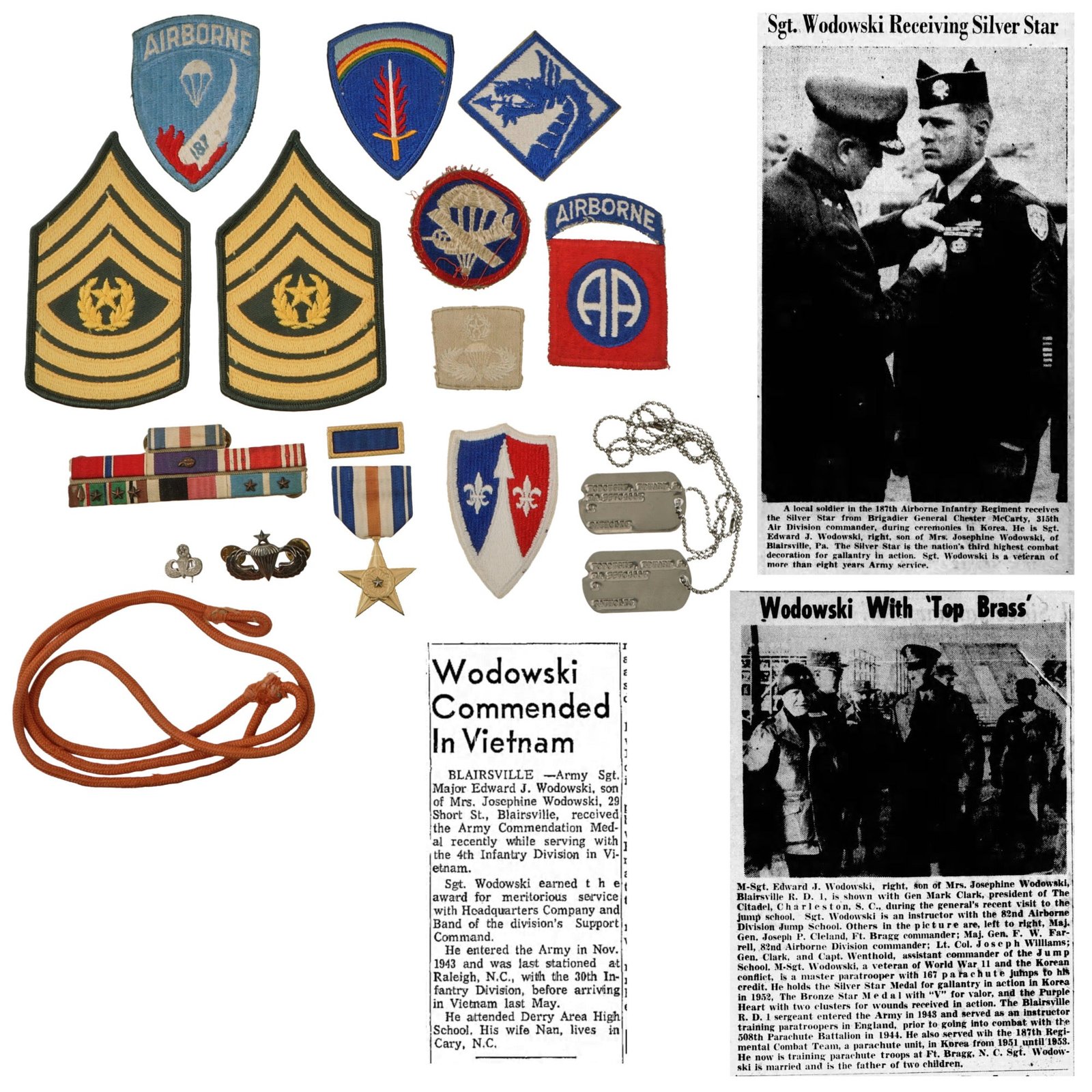 Original U.S. WWII & Korean War Dog Tag & Insignia Grouping to 508th PIR 82nd Airborne Paratrooper, 187th PIR in Korea Edward J. Wodowski “Woody”