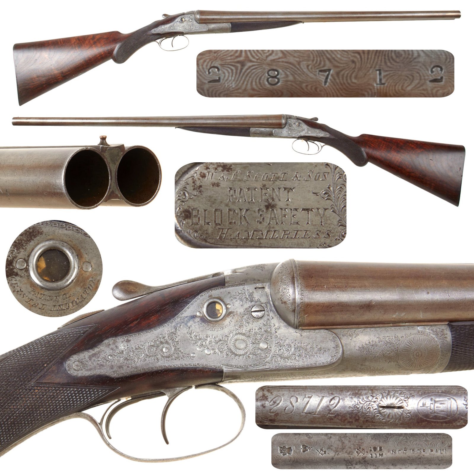 Original British 10 Bore Double Damascus Barrel Hammerless Shotgun by W. & C. Scott & Son Serial 28712 with Crystal Indicators and Burl Butt Stock - circa 1880