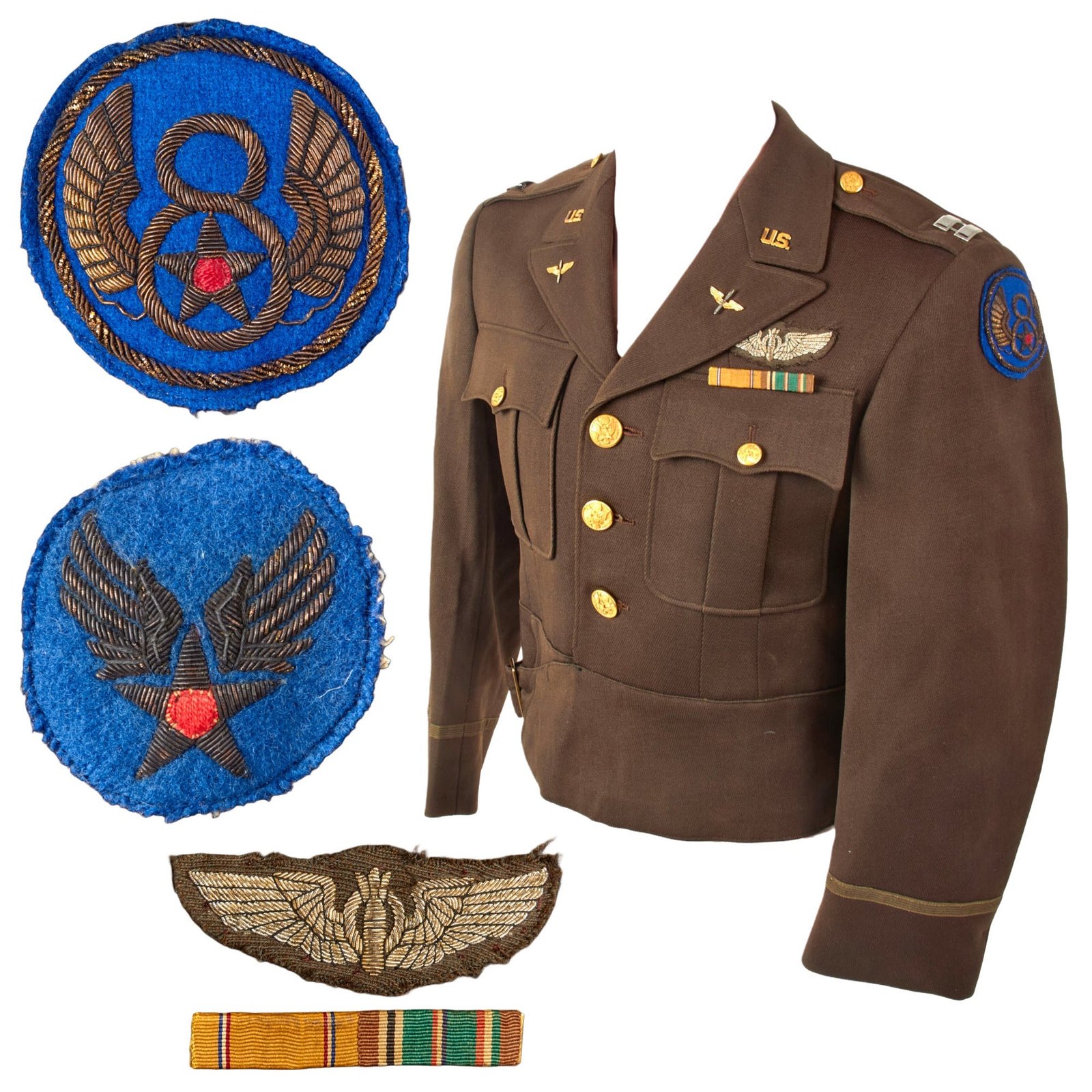 Original U.S. WWII 8th Air Force Bombardier Captain’s Ike Uniform with British-Made SSI, Ribbon Bar, & Bombardier Wings