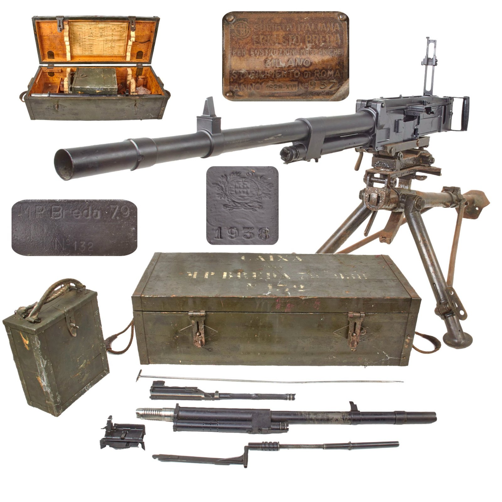 Original Italian WWII Breda Model 37 Display Machine Gun with Tripod, Transit Chest, Feed Strip Chest, and Extras