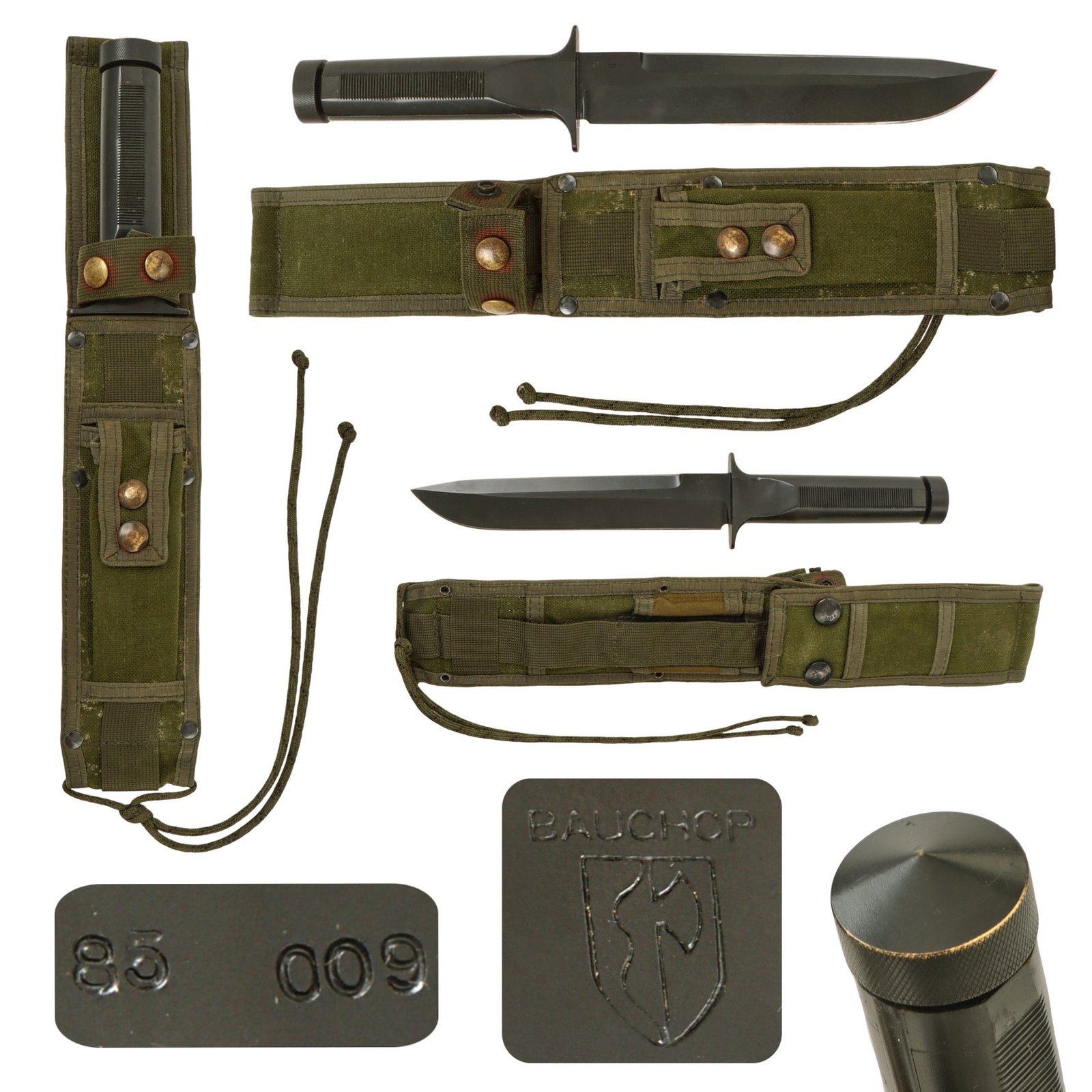 Original U.S. Cold War Era Bauchop Fighting Survival Knife with Unscrewable Pommel in Original Nylon Scabbard - Dated 1985 - From Collection of American Edged Weapon Museum