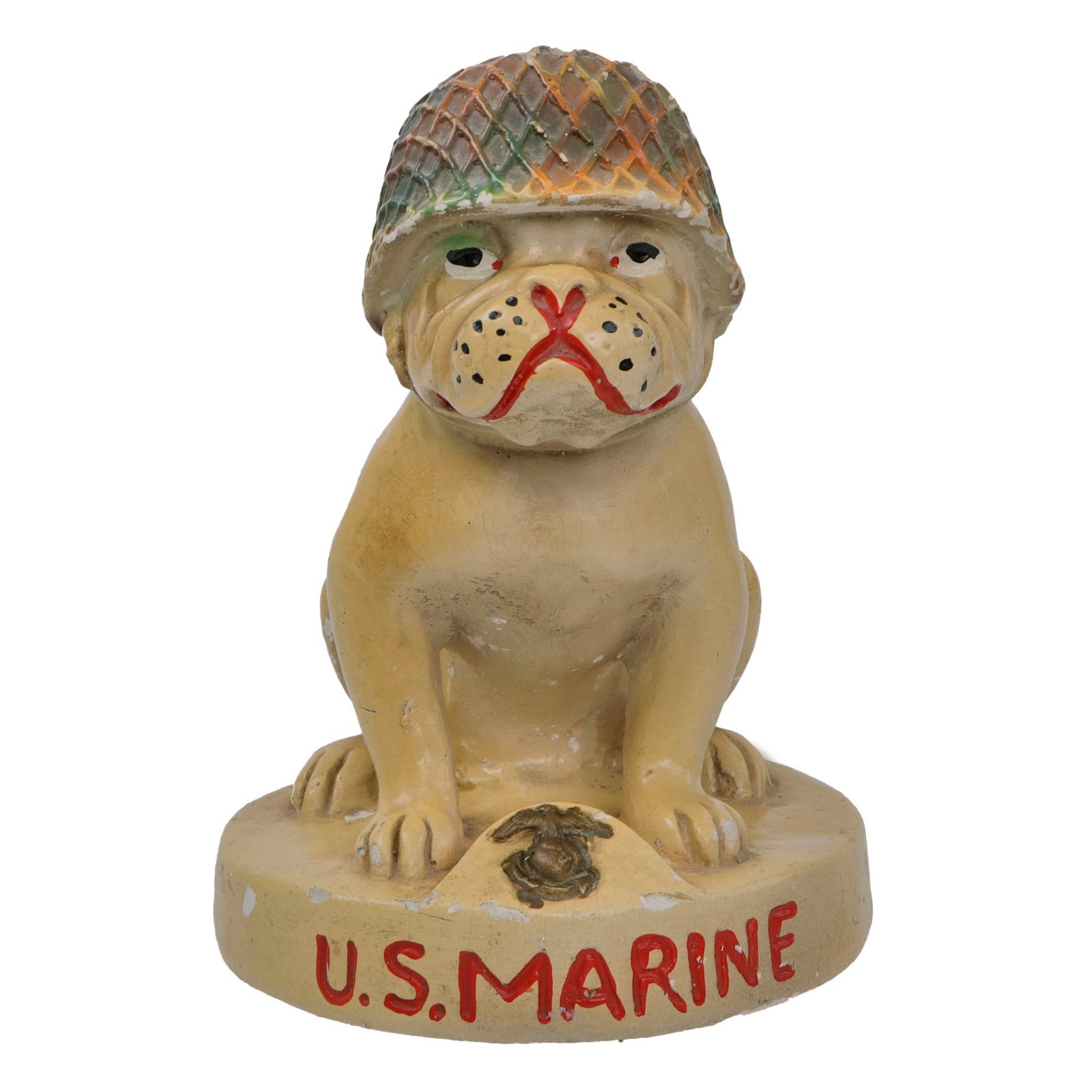 Original U.S. WWII USMC Chalk Art Bulldog Statue with Camouflage-Painted M1 Helmet