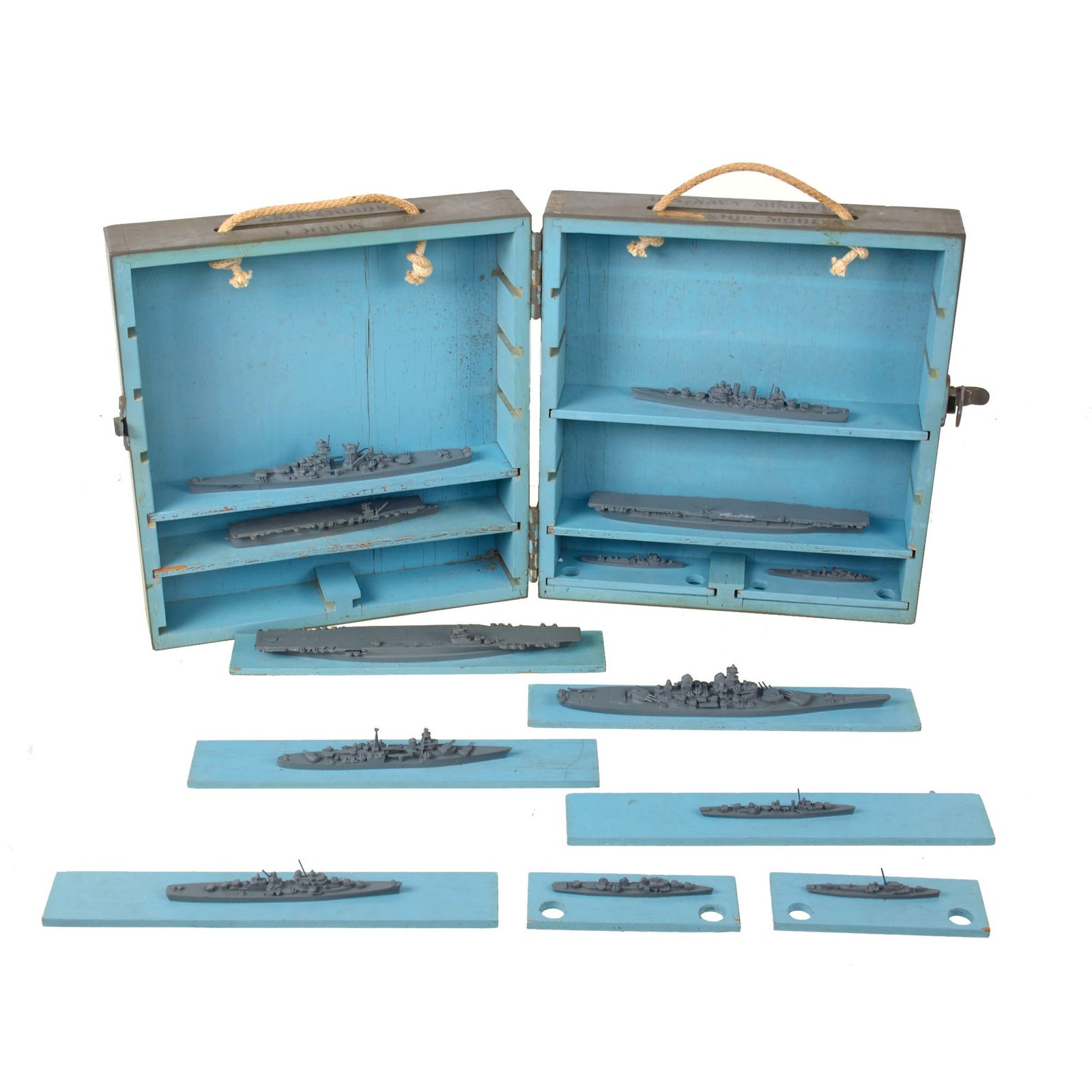 Original WWII U.S. Navy Miniature Mark I Supplement I Teacher Models of U.S. Ships in Case - Set of 13 Ships - One Missing